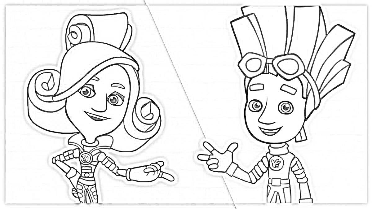 Раскраска фиксики верта и винтик, фиксики, два персонажа на сером фоне с разделением в центре