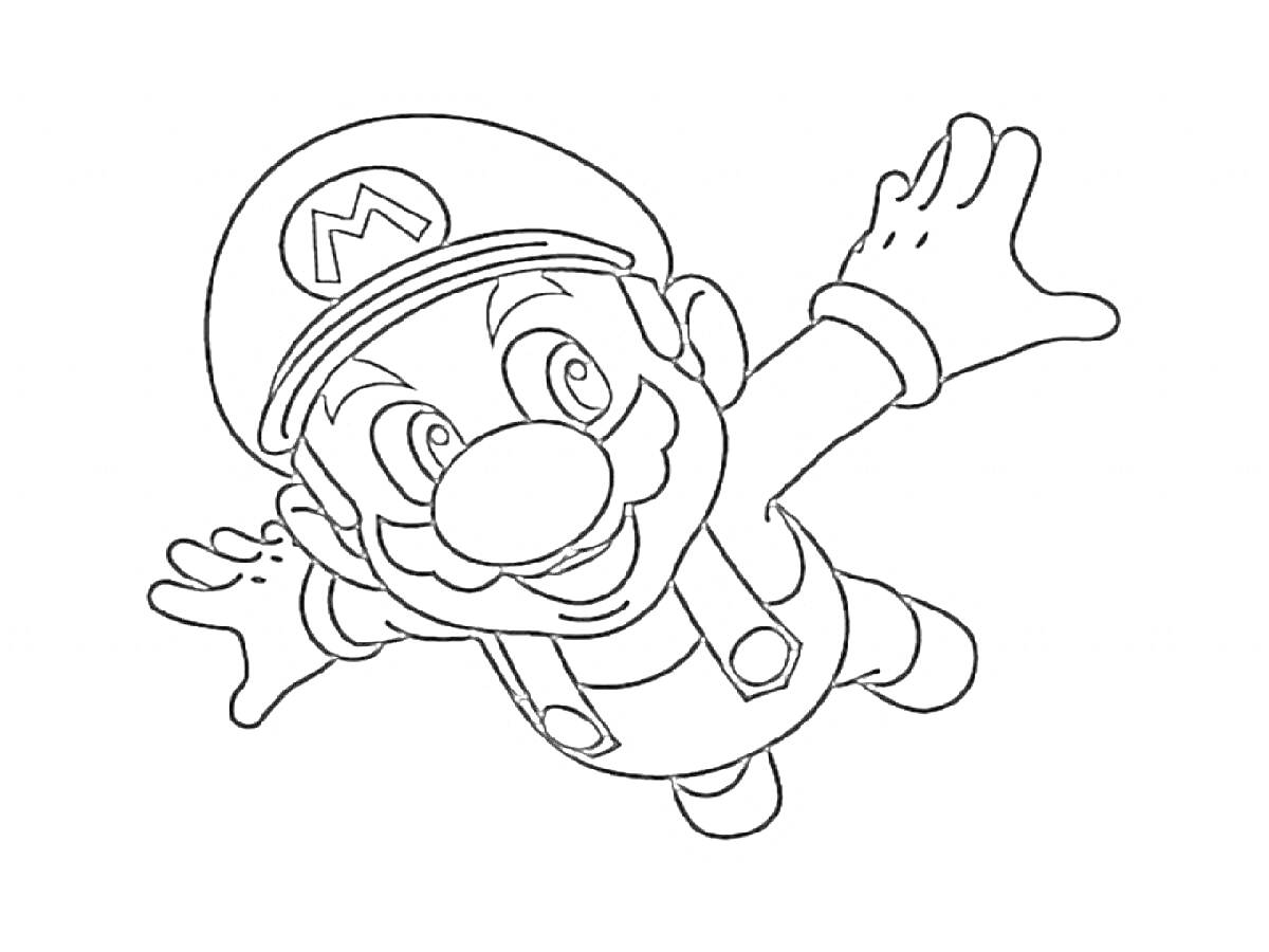 Раскраска Человек в кепке с буквой M, летящий с расправленными руками