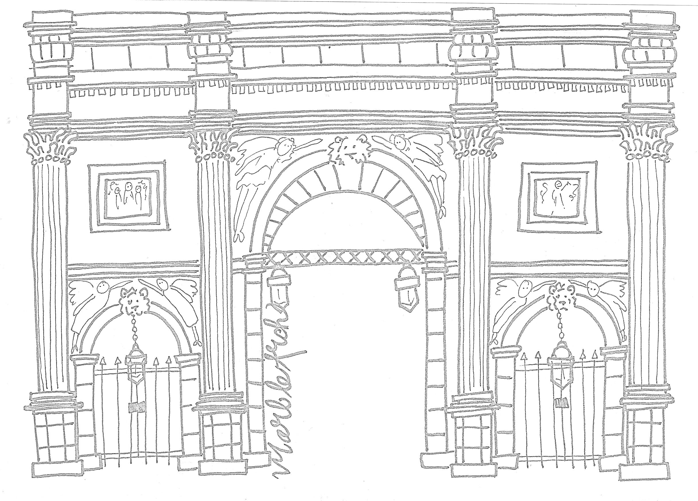 Раскраска Большая арка с колоннами и фонарями в окружении двух маленьких арок с решетками