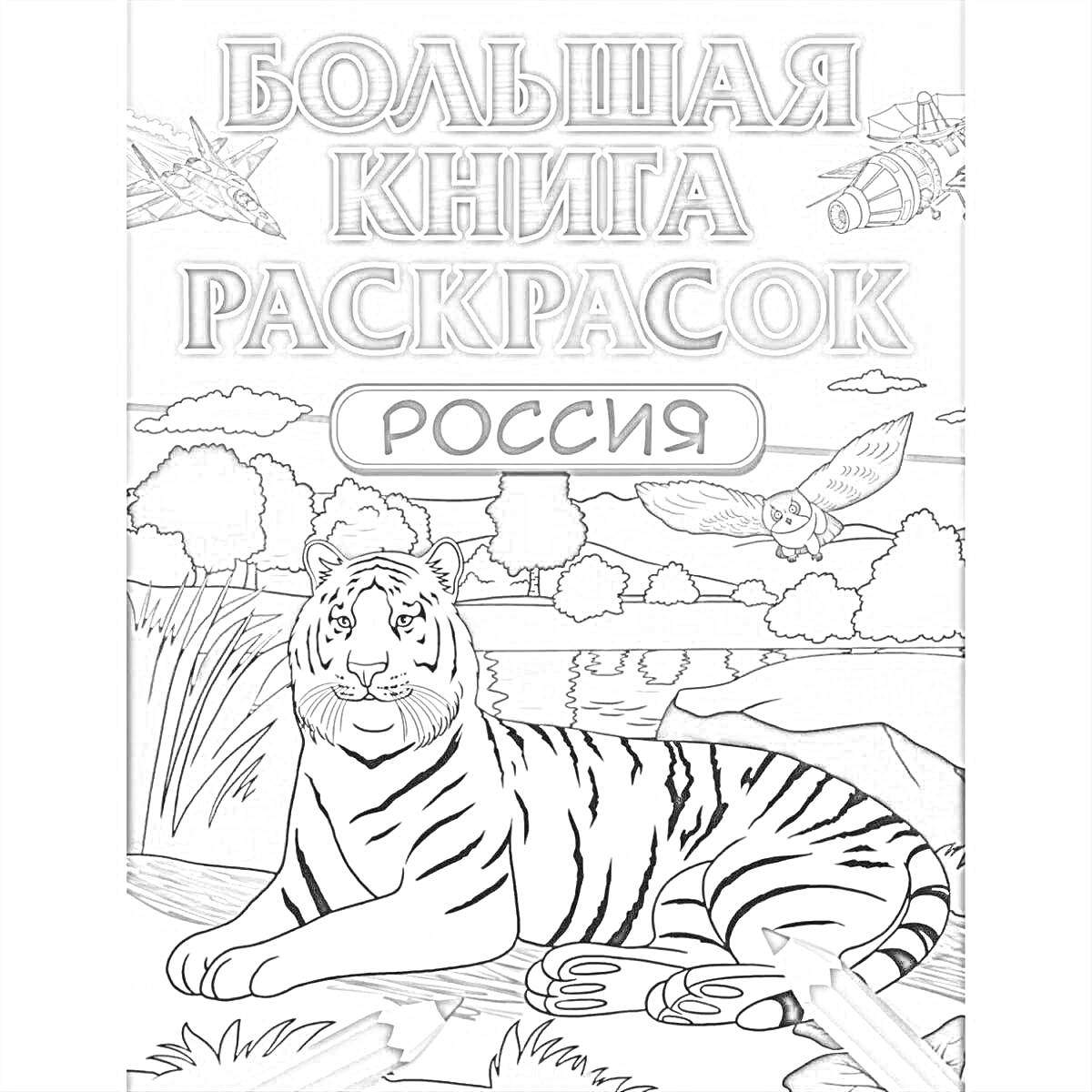 На раскраске изображено: Большая книга, Россия, Тигр, Сова, Вертолет, Природа, Река, Животные, Авиация, Лес, Деревья