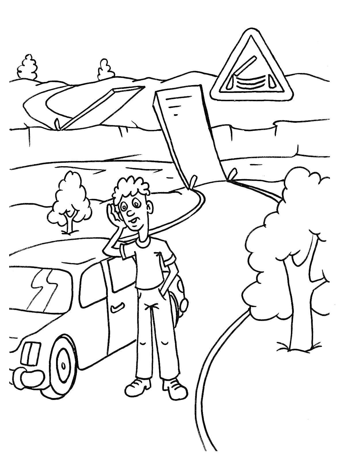 На раскраске изображено: Дорожные знаки, Человек, Пейзаж, Деревья, Предупреждающий знак, Дороги, Контурные рисунки, Авто