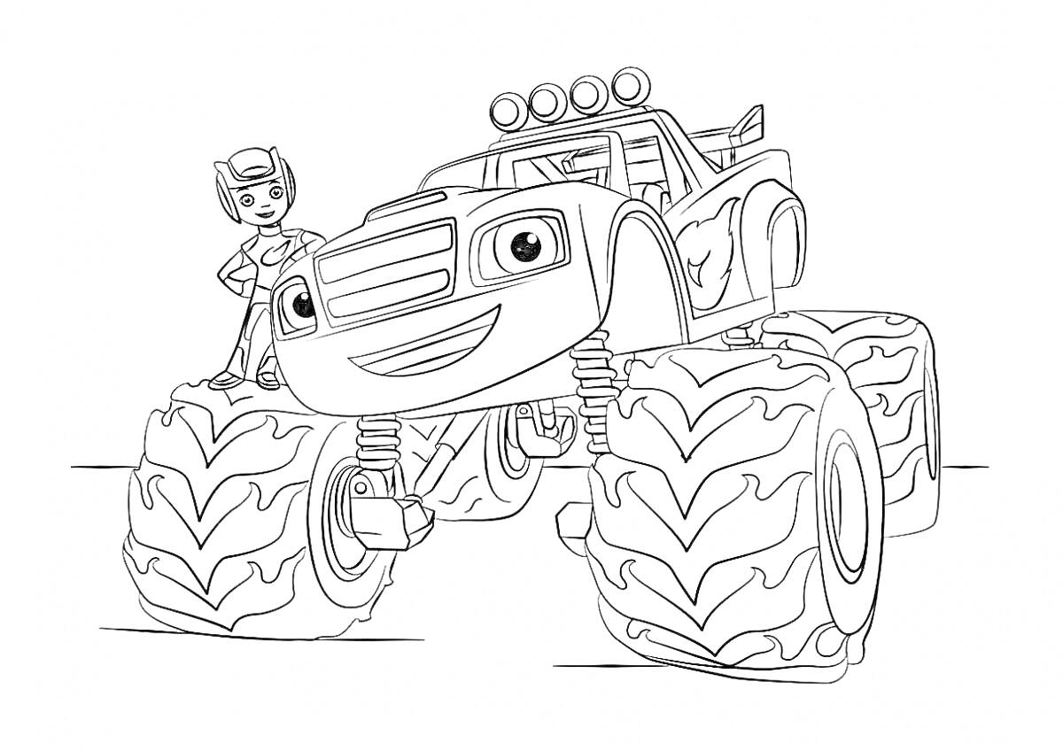 На раскраске изображено: Человек, Большие колеса, Из мультфильмов, Персонаж, Вспыш и Чудо Машинки, Грузовая машина