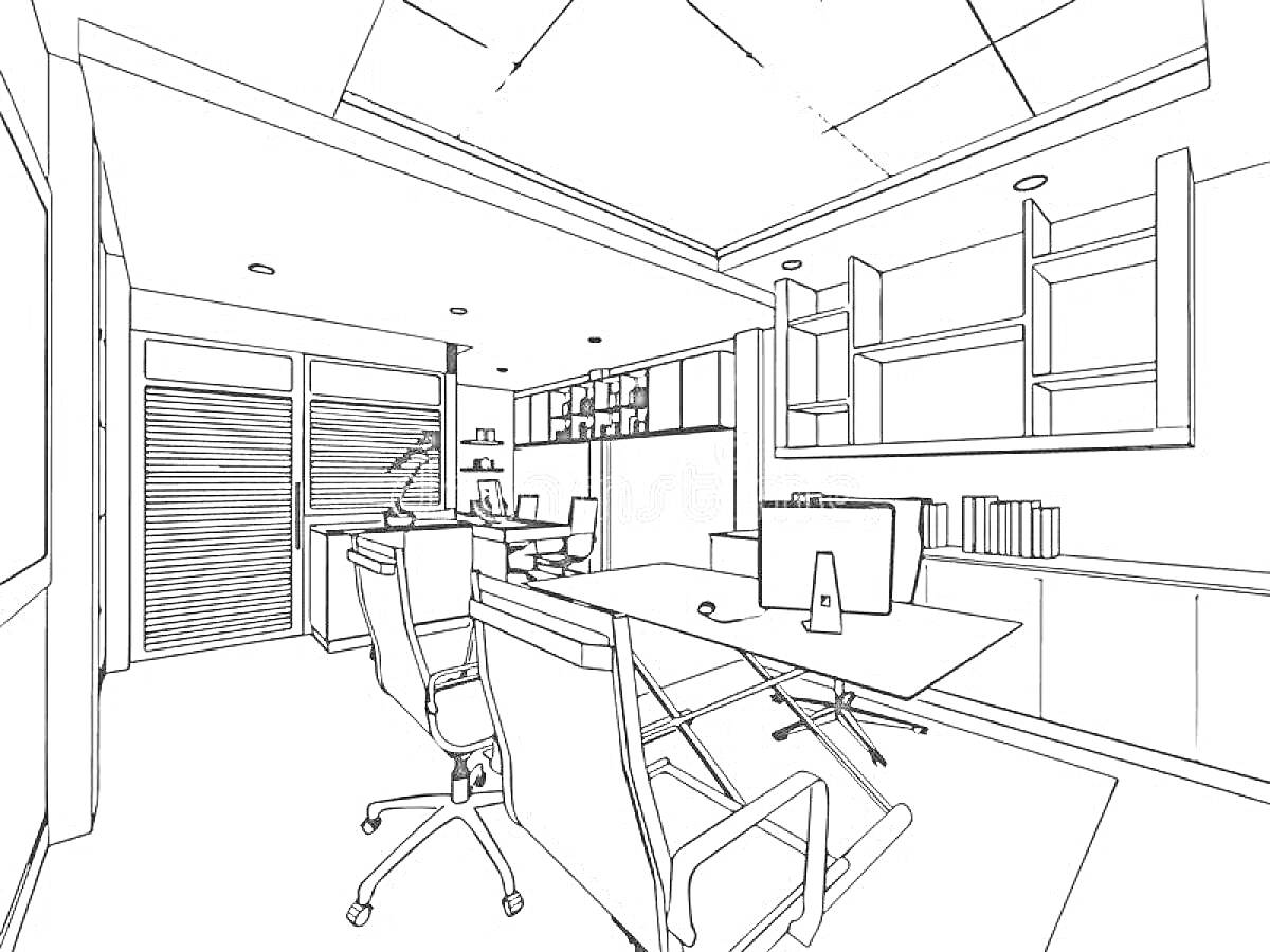 Раскраска Офис с рабочими креслами, столами, компьютерами, полками и шкафами