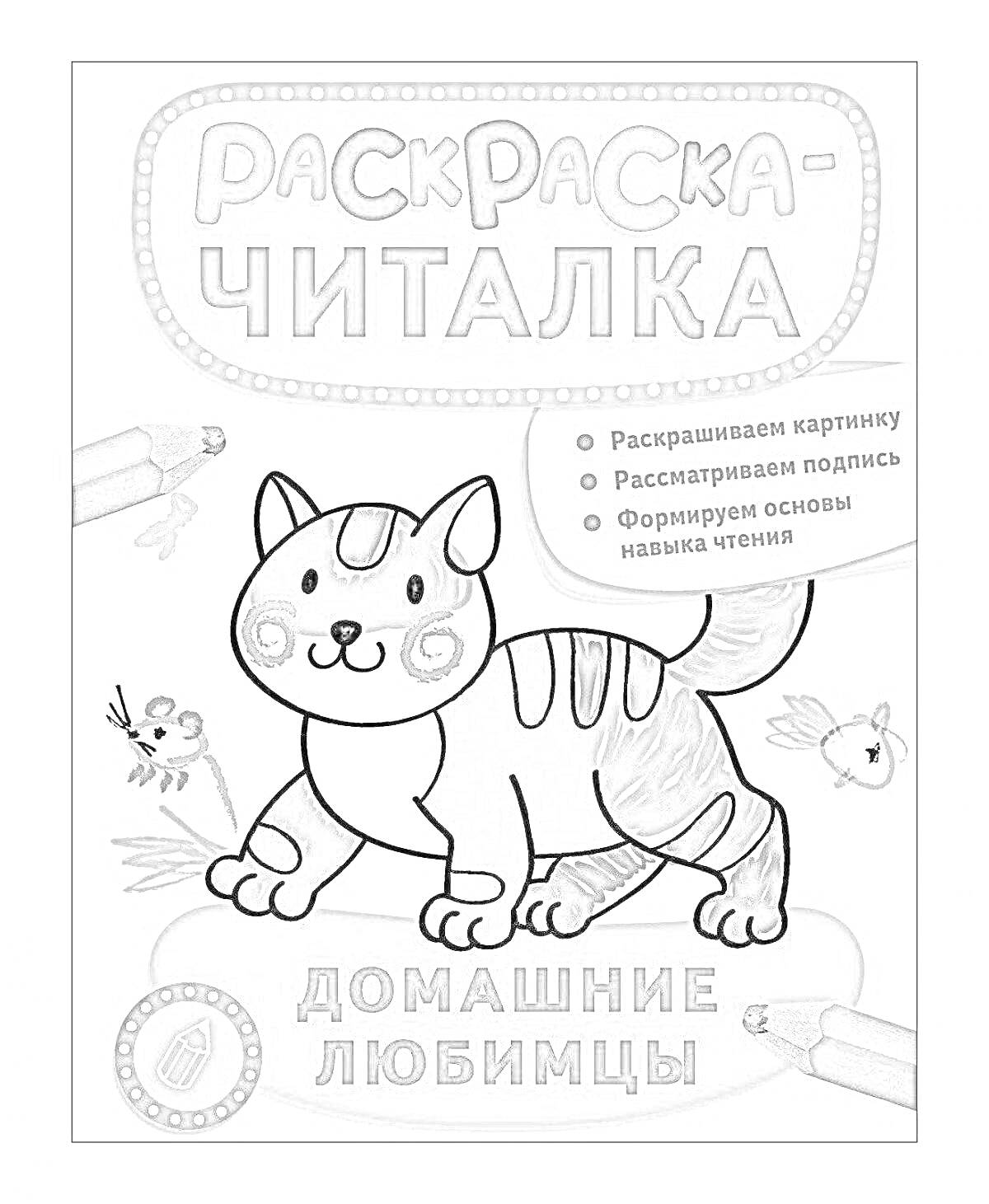 Раскраска Раскраска-Читалка: Домашние любимцы (кошка, карандаши, цветок, мышка)