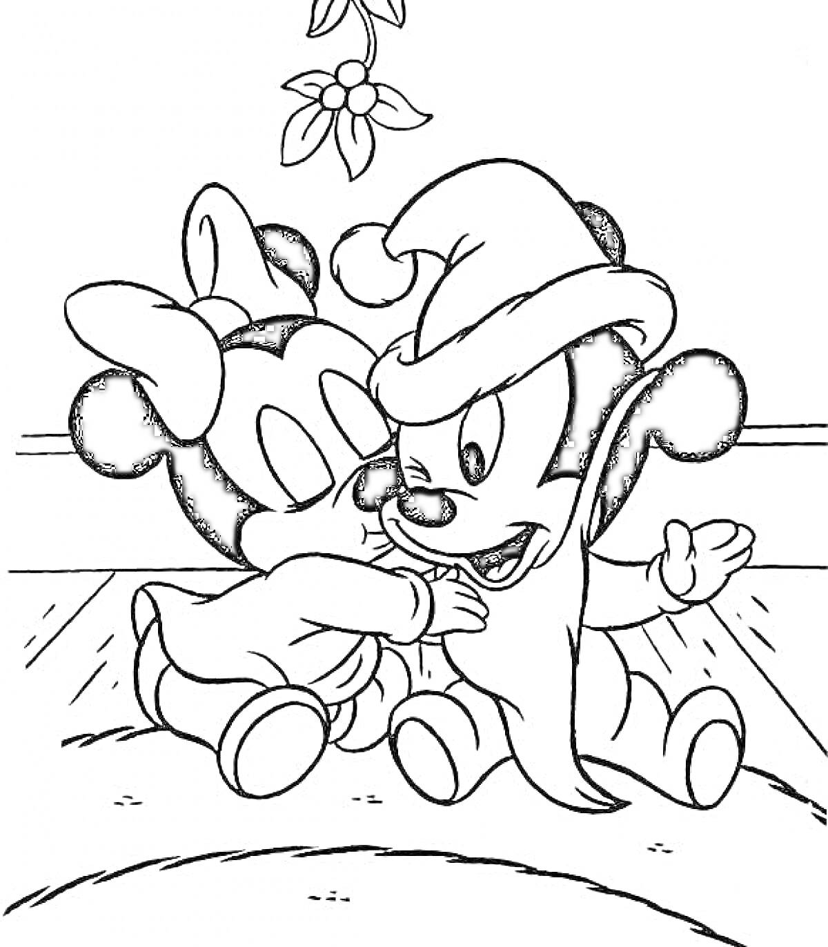Раскраска Микки Маус и Минни Маус в новогодних костюмах под омелой
