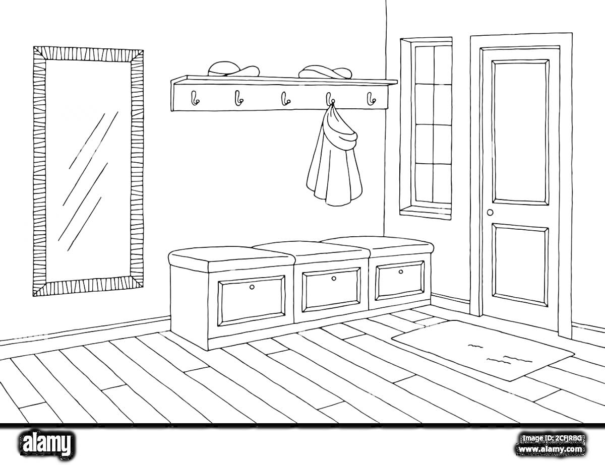На раскраске изображено: Прихожая, Зеркало, Шкаф, Дверь, Интерьер, Мебель
