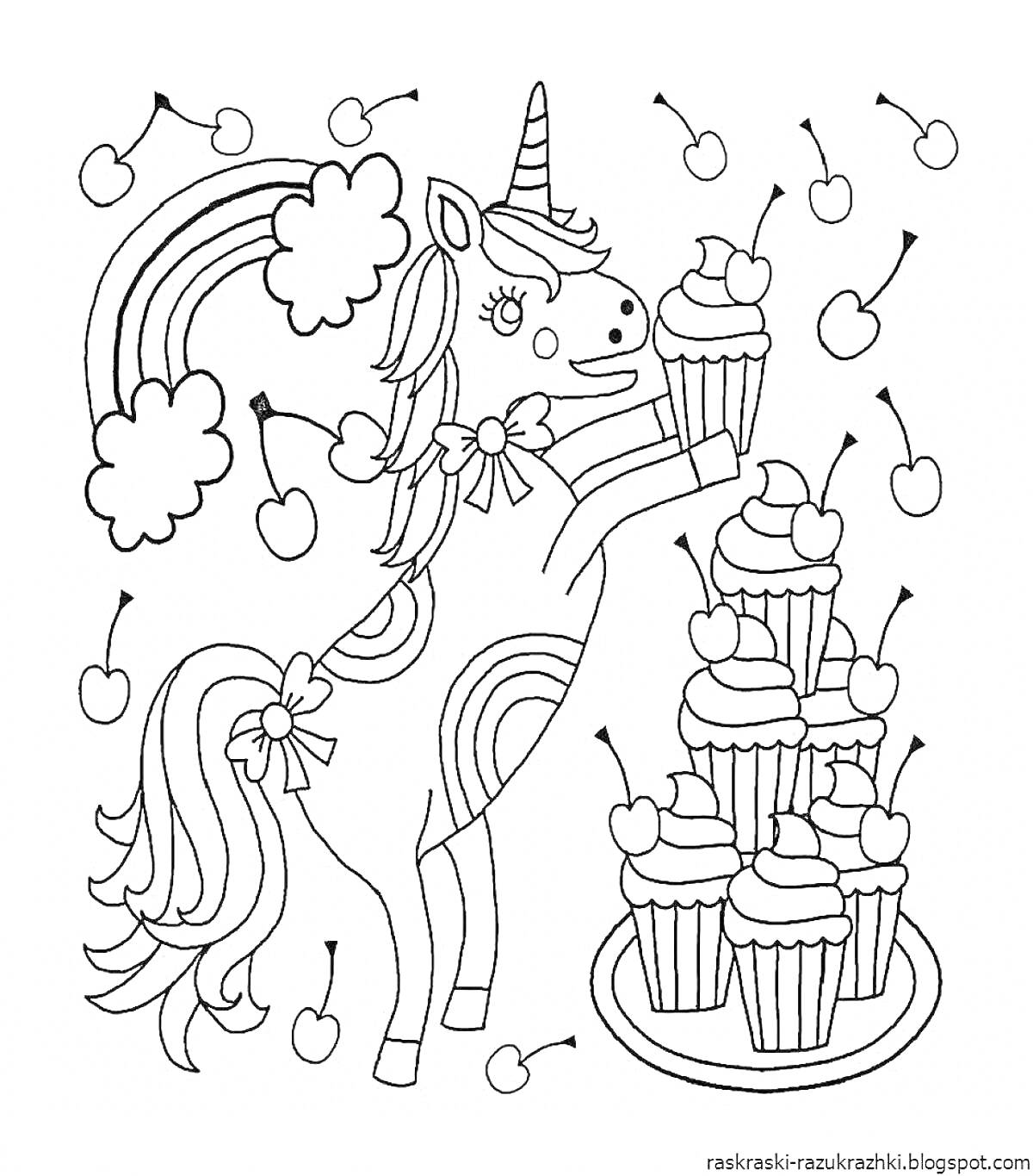 Раскраска Единорог с радугой, вишнями и пирожными