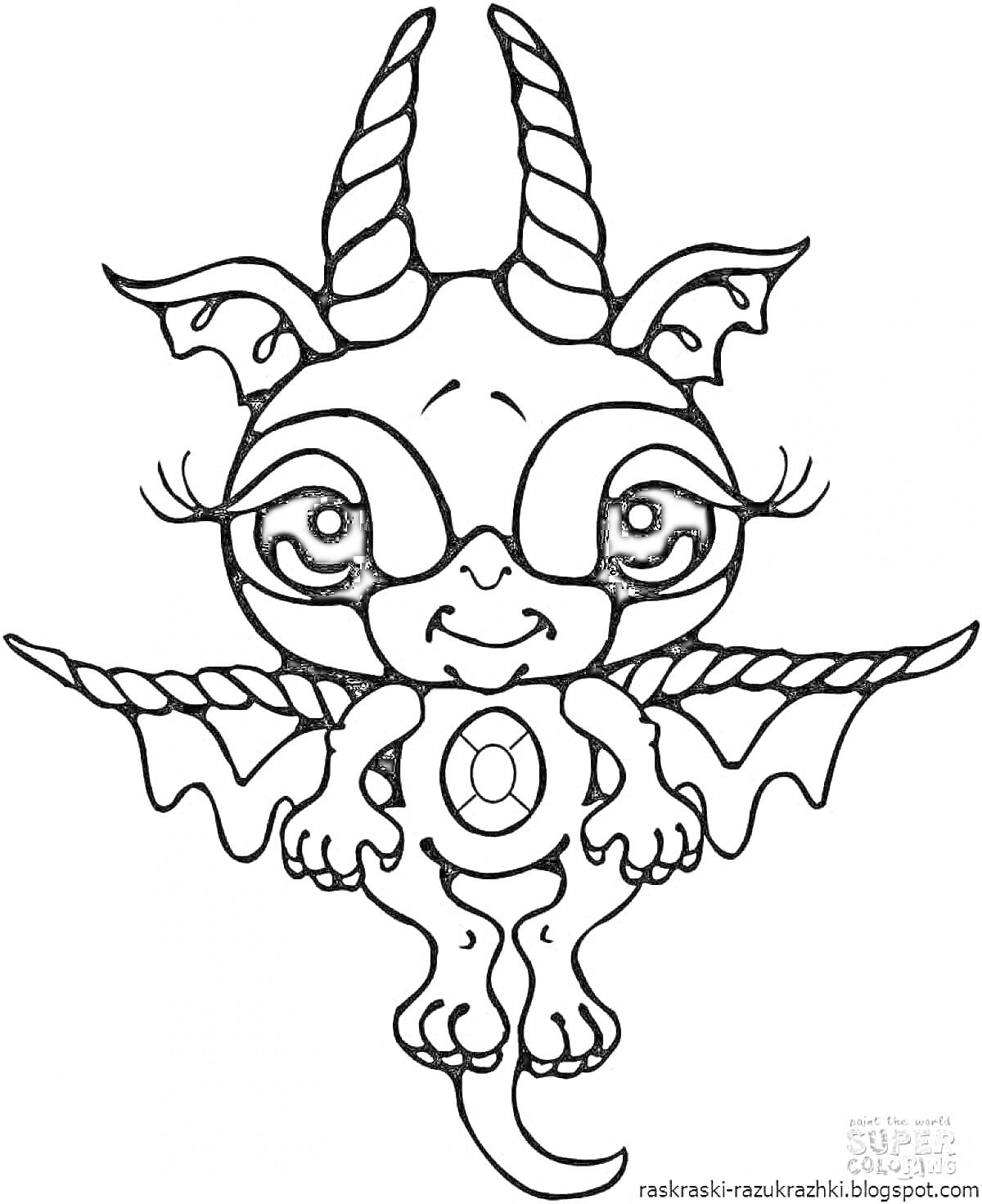 Раскраска Дракончик с длинными рогами и большими глазами, сидящий с расправленными крыльями