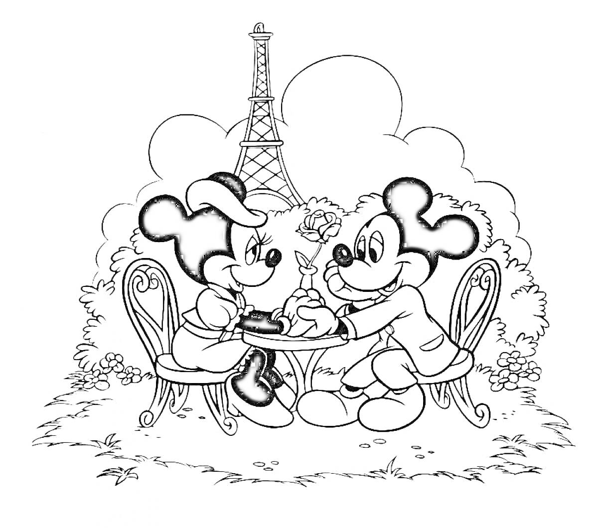 Раскраска Микки Маус и Минни Маус на романтическом свидании за столиком в парке с Эйфелевой башней на заднем плане