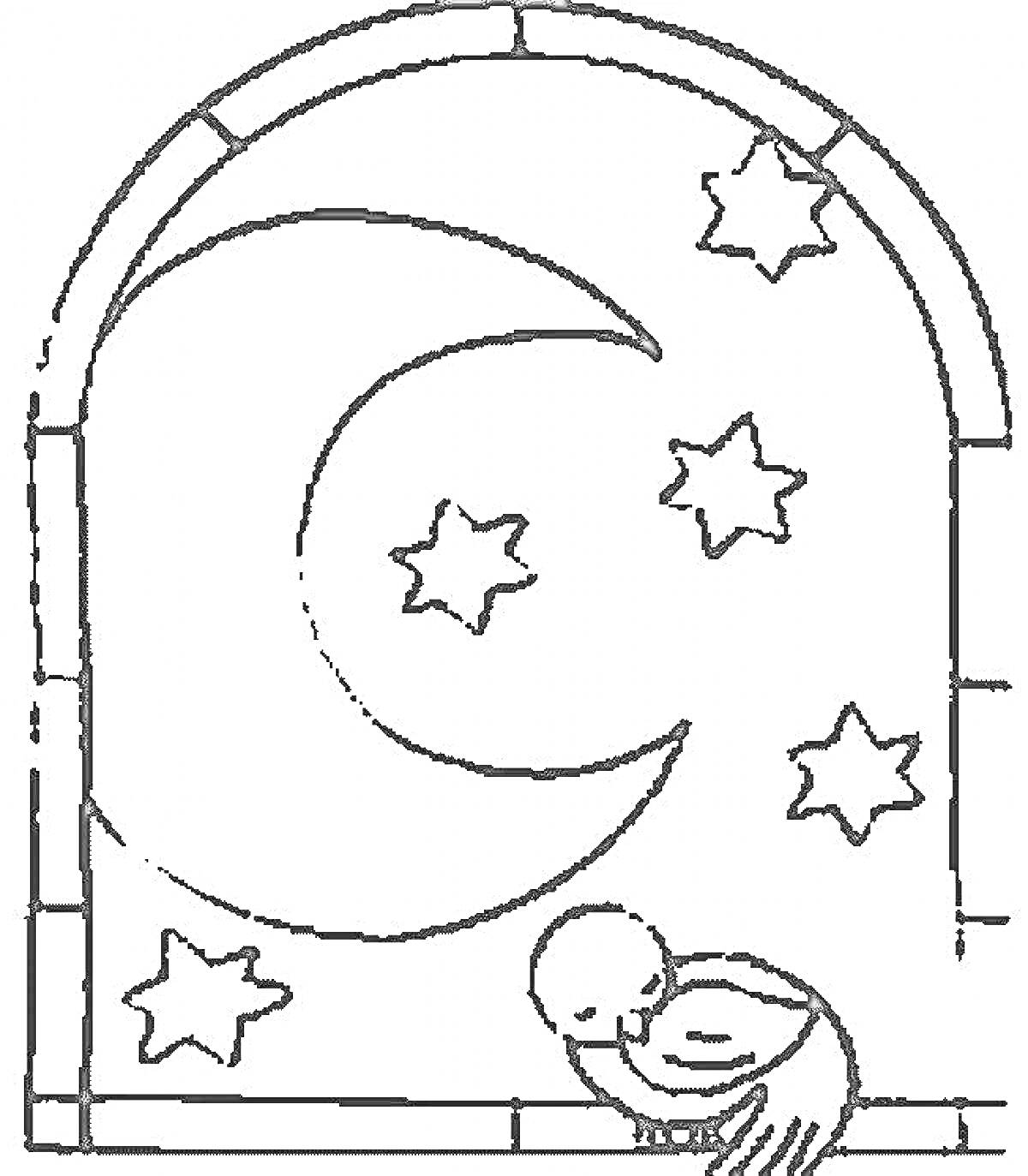 Раскраска Луна, звезды и птичка на фоне оконной арки ночью