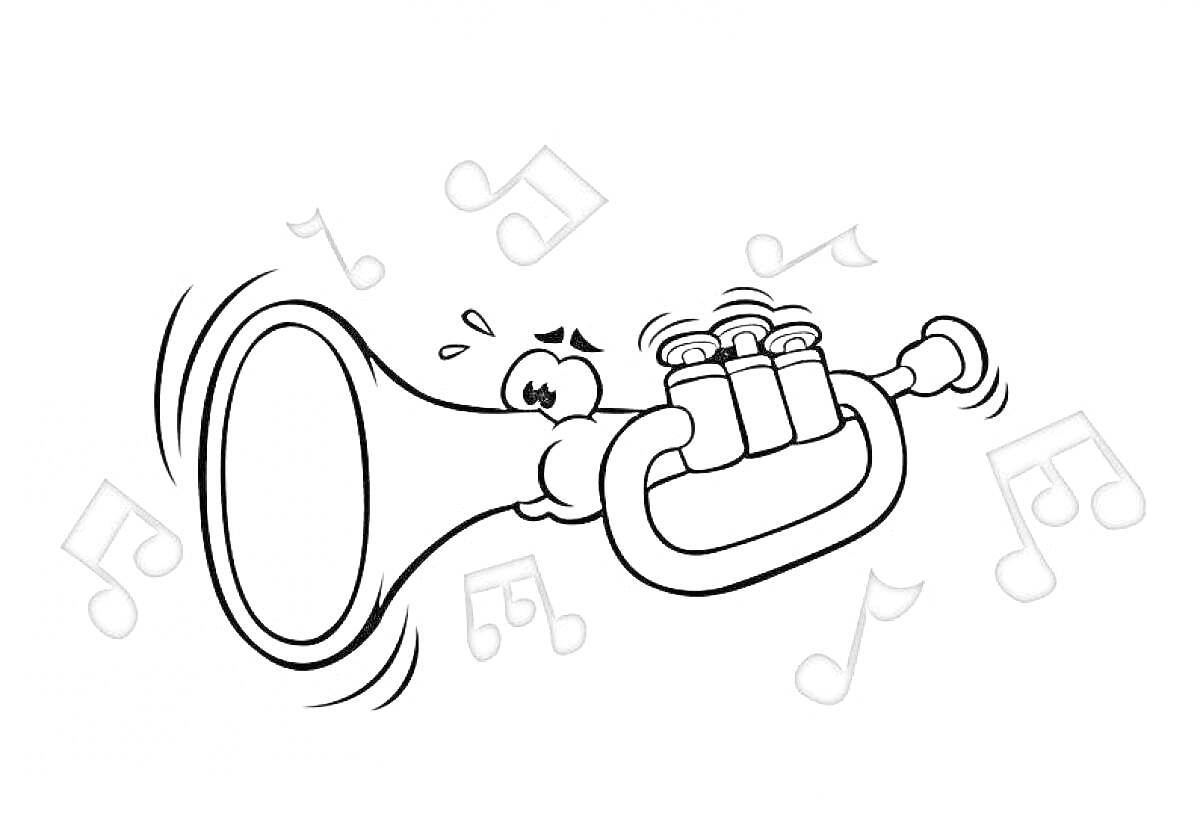 Раскраска Труба с лицом, издающая звуки и музыкальные ноты