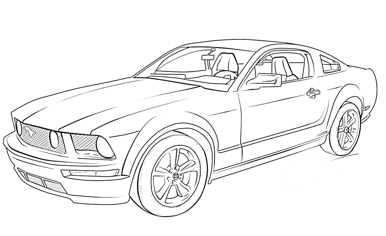 Форд Мустанг, вид сбоку с деталями салона и колес