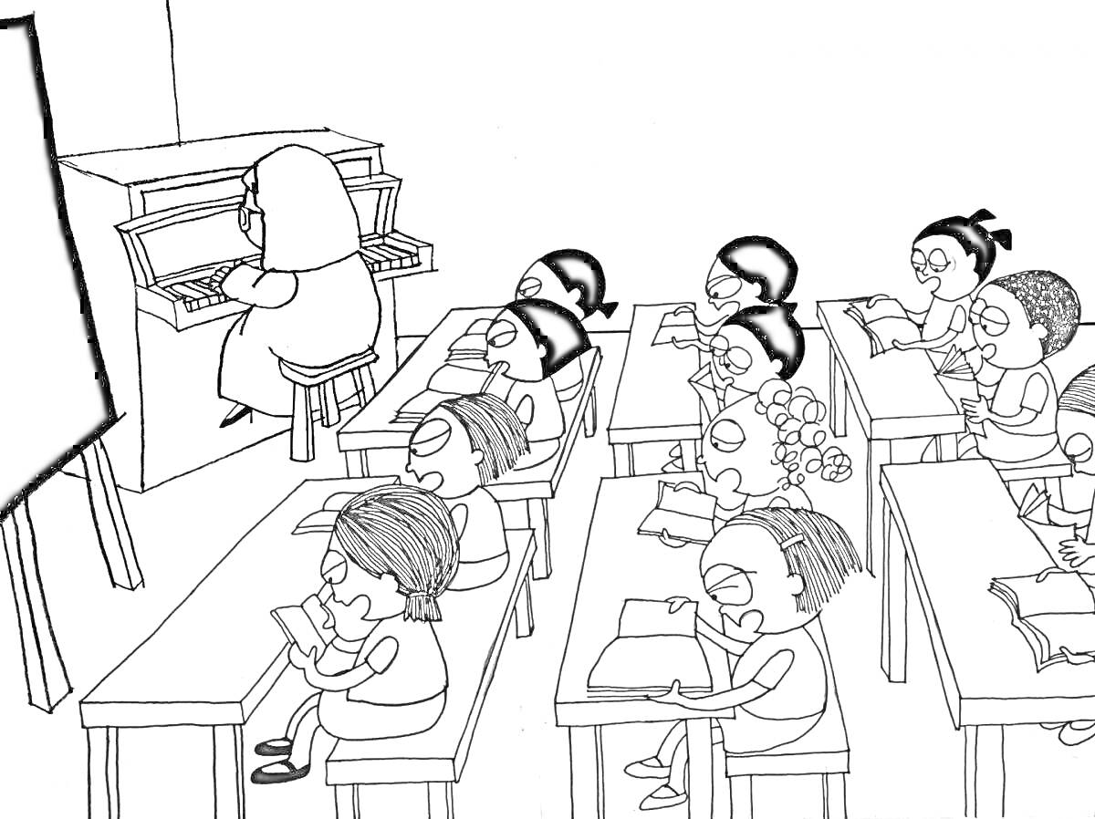 На раскраске изображено: Ученики, Школа, Классная комната, Парты, Учитель, Пианино, Учеба, Доска, Образование
