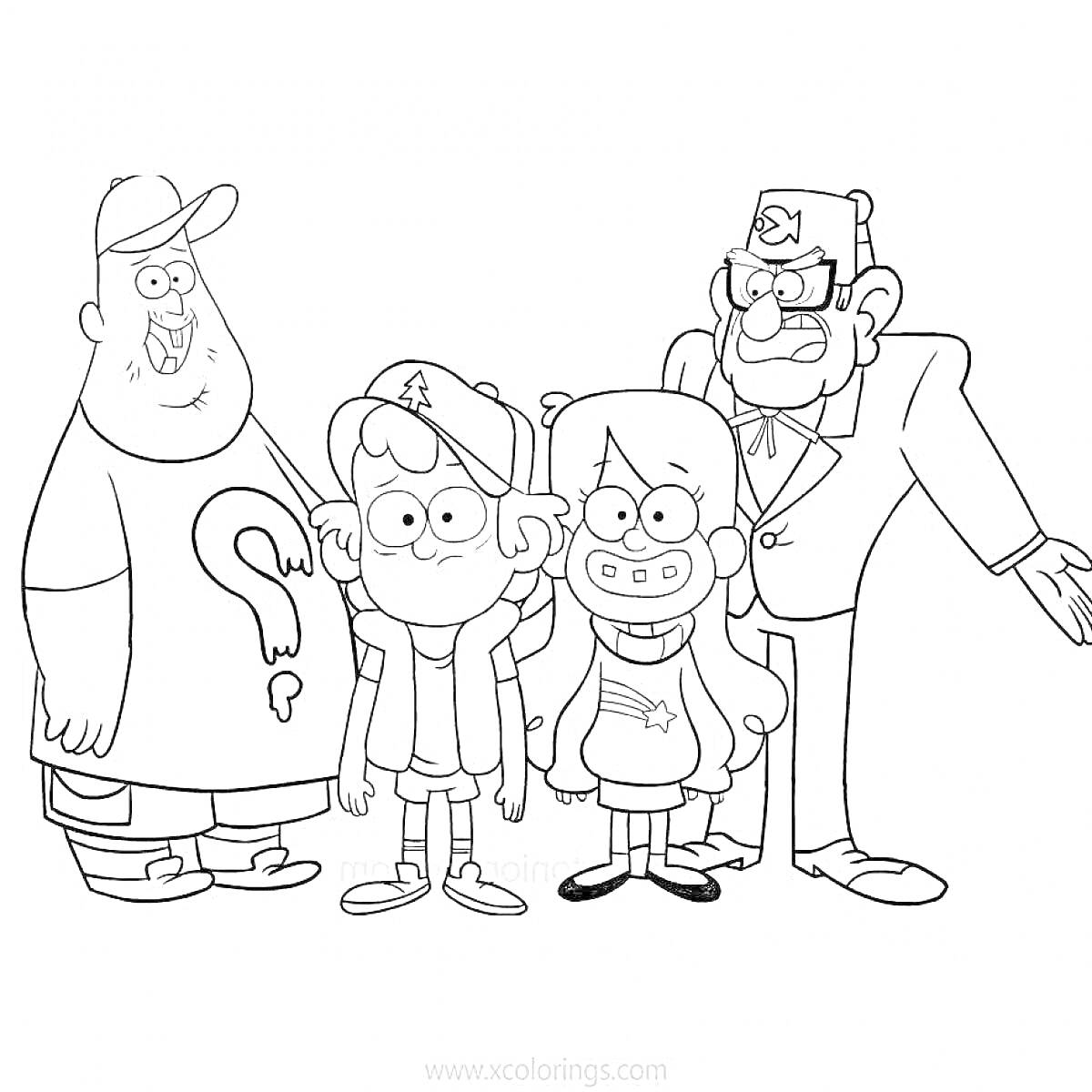 Раскраска с четырьмя персонажами из мультфильма (мальчик в кепке, девочка с длинными волосами и свитером, мужчина в костюме с феской, и мужчина с бородой в кепке и футболке с вопросительным знаком)