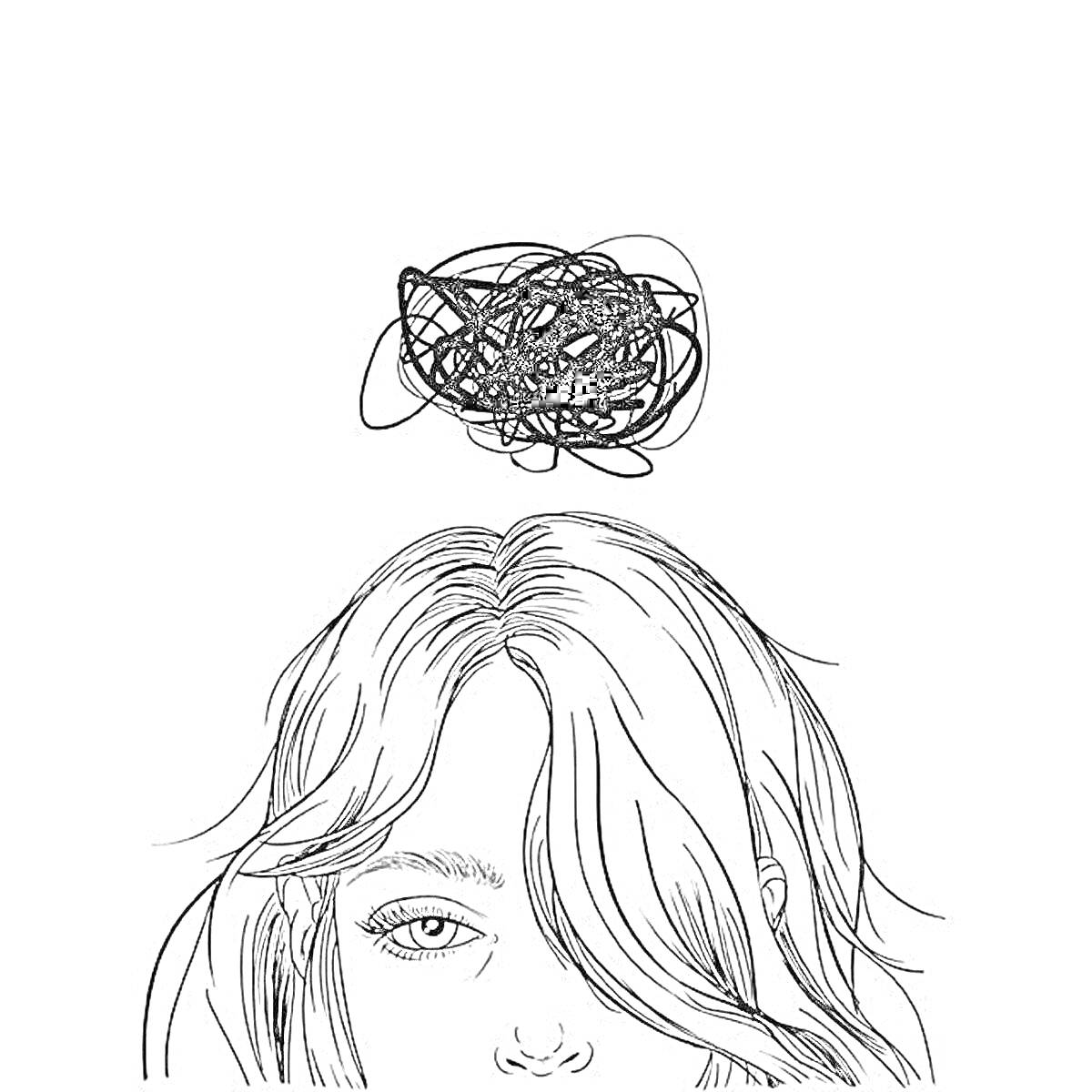 Раскраска Голова девушки с завитком черных линий над ней