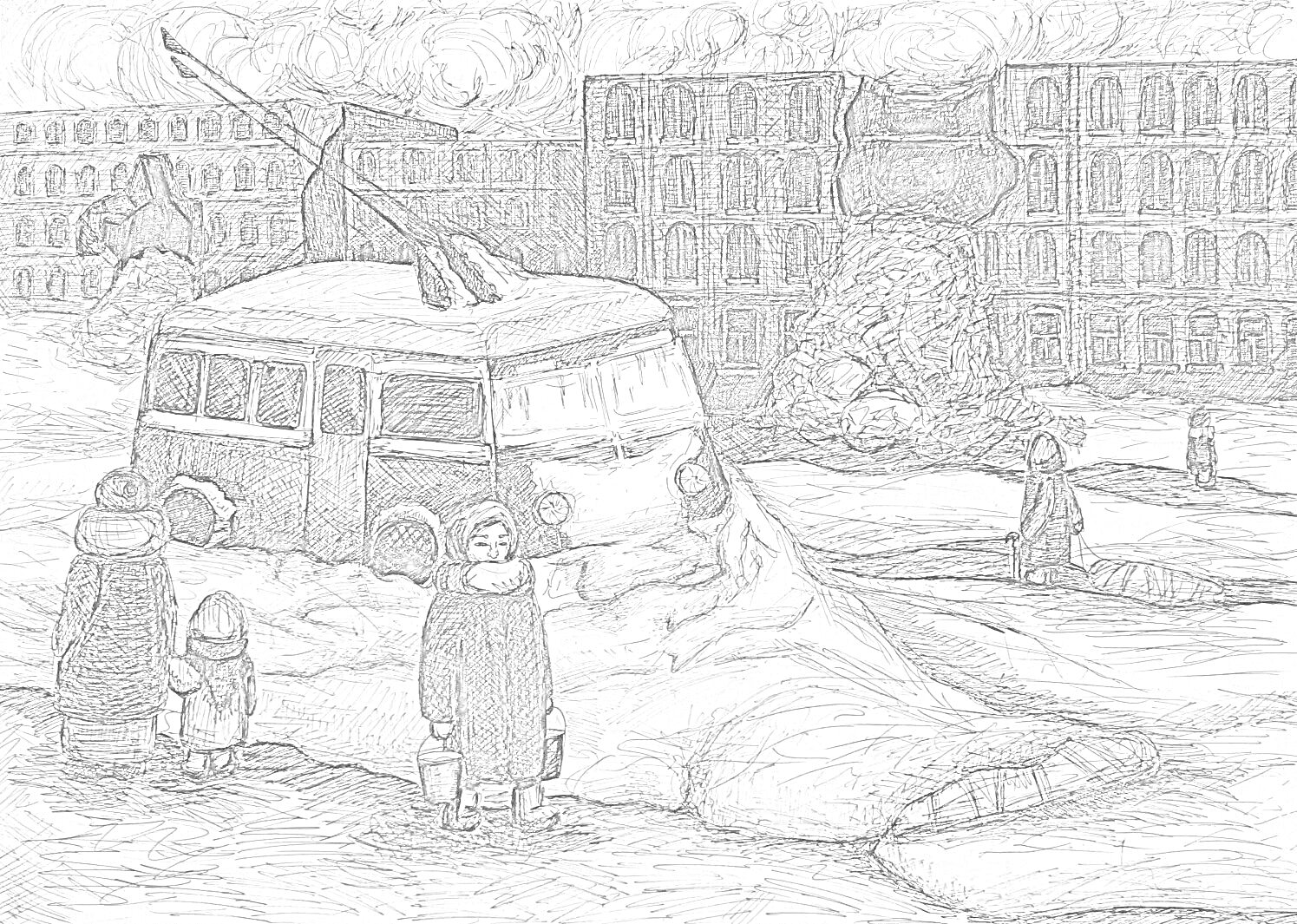 Раскраска Город в блокаде, снег, люди с ведрами, автобус, разрушенные здания, улица в снегу
