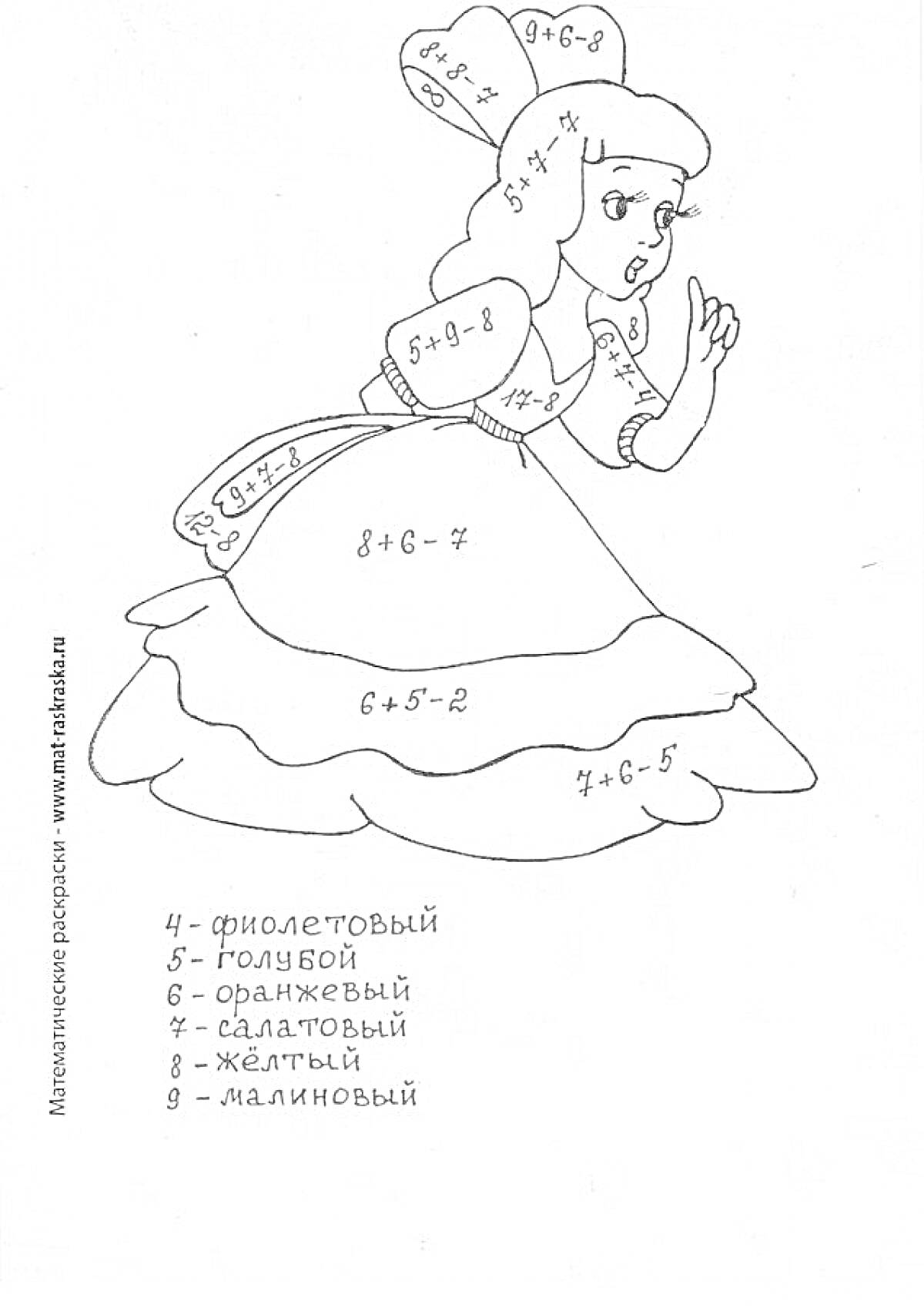 На раскраске изображено: Математика, Сложение, Вычитание, Девочка, Платье, Цифры, Учеба