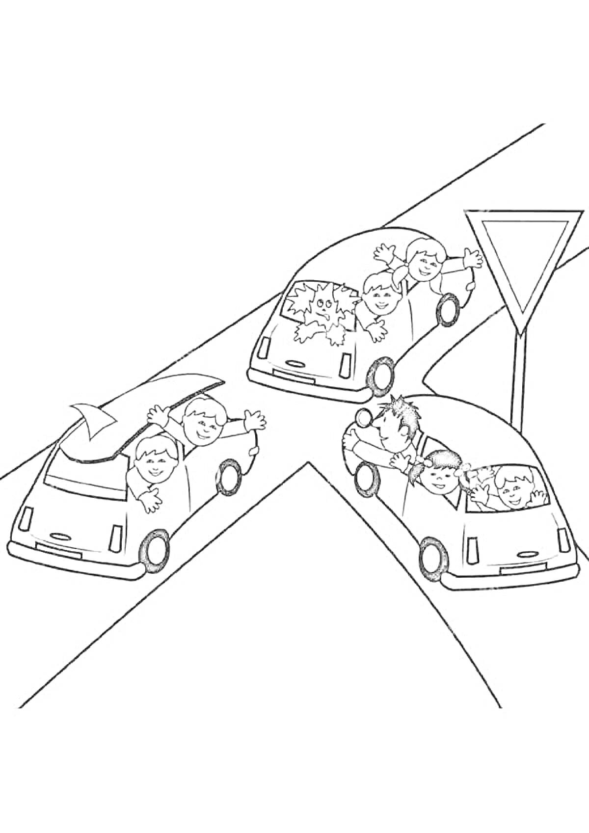 Раскраска Дети в автомобилях на перекрестке с дорожным знаком уступи дорогу