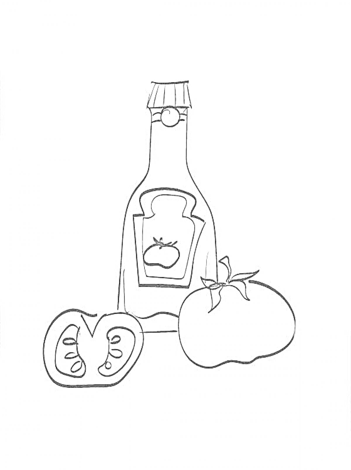 На раскраске изображено: Кетчуп, Бутылка, Томаты