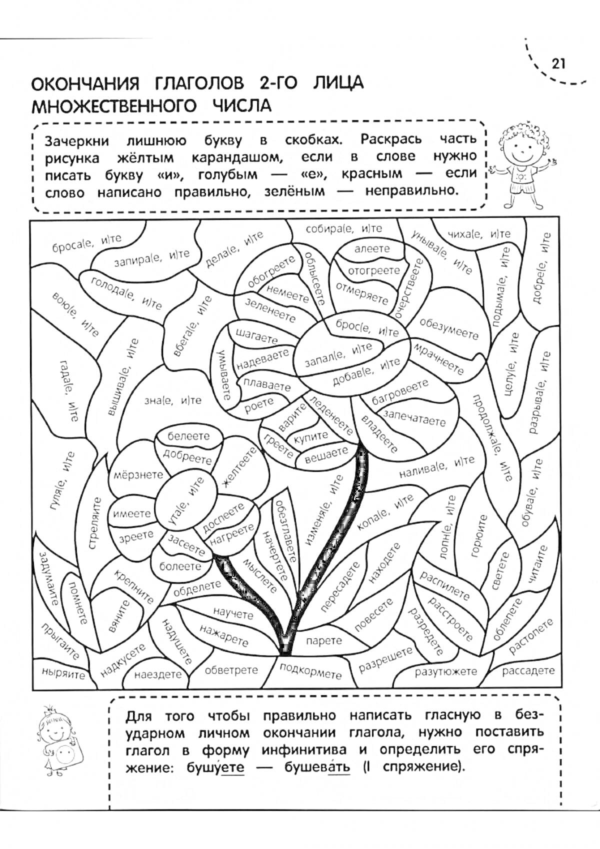Раскраска Окончания глаголов 2-го лица множественного числа (цветок с глаголами на лепестках, задание по орфографии)