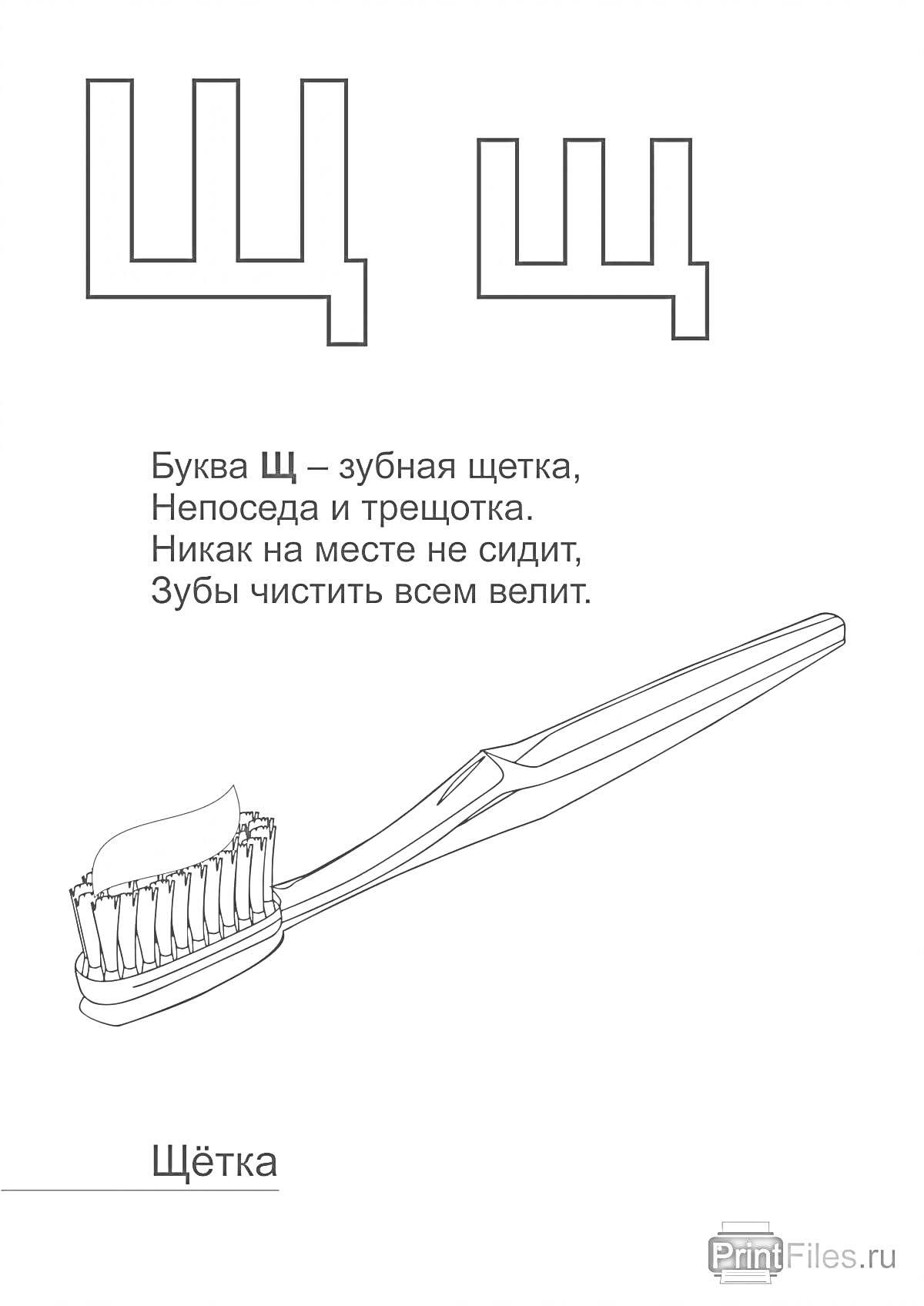 На раскраске изображено: Щ, Русский алфавит, Зубная щетка, Щетка, Паста, Первоклассник, Образование, 1 класс