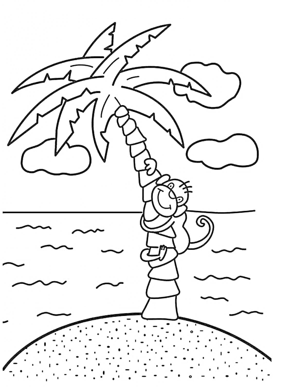 Раскраска Обезьяна на пальме на острове