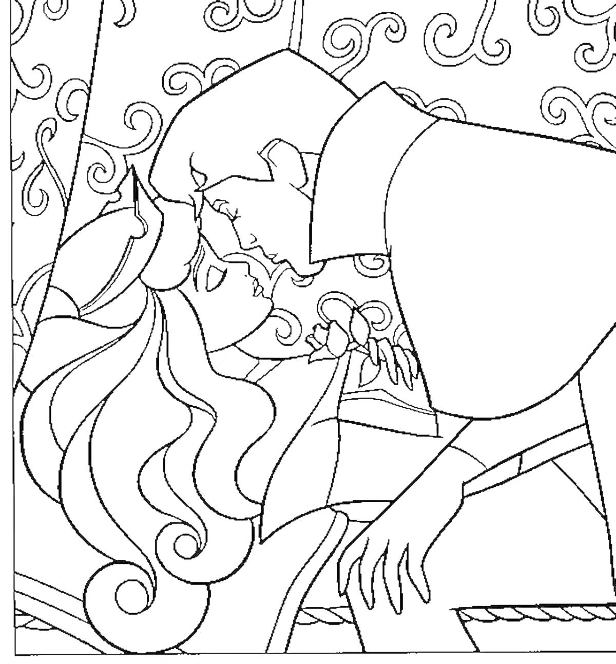 На раскраске изображено: Спящая красавица, Принц, Поцелуй, Из сказок, Завитки