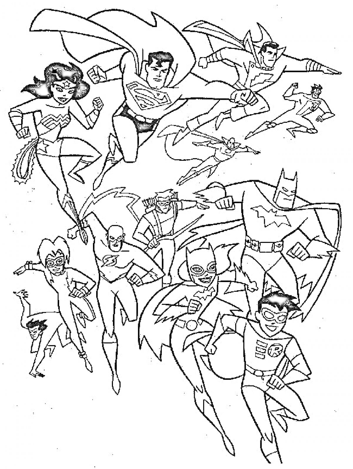 Раскраска Герои Лиги Справедливости в полете (Чудо-женщина, Супермен, Бэтмен, Флэш, Зеленый Фонарь, Аквамен, Робин и другие)