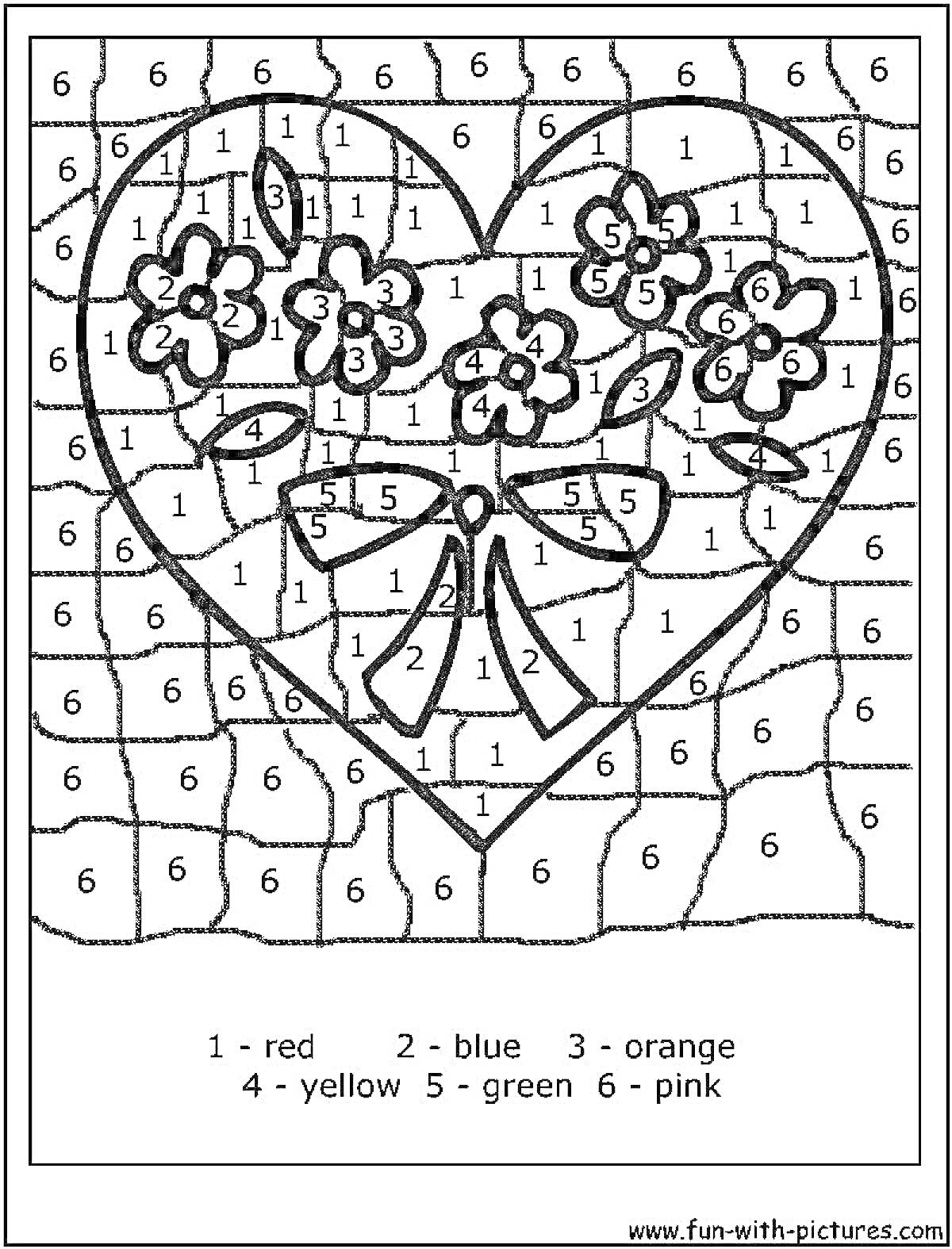 Раскраска Раскраска по номерам с сердечком, цветами и лентой