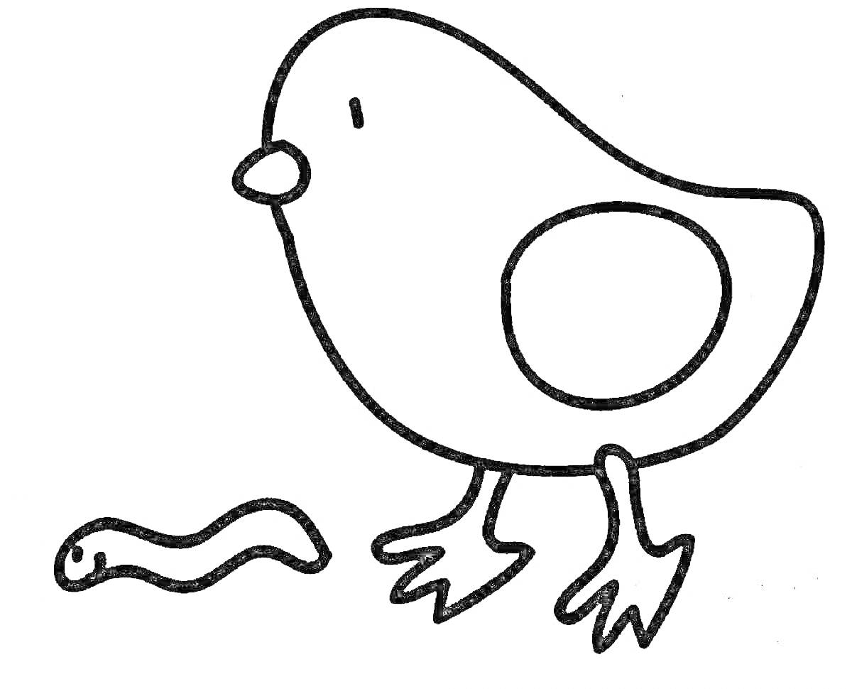 Раскраска Цыпленок с червячком на белом фоне
