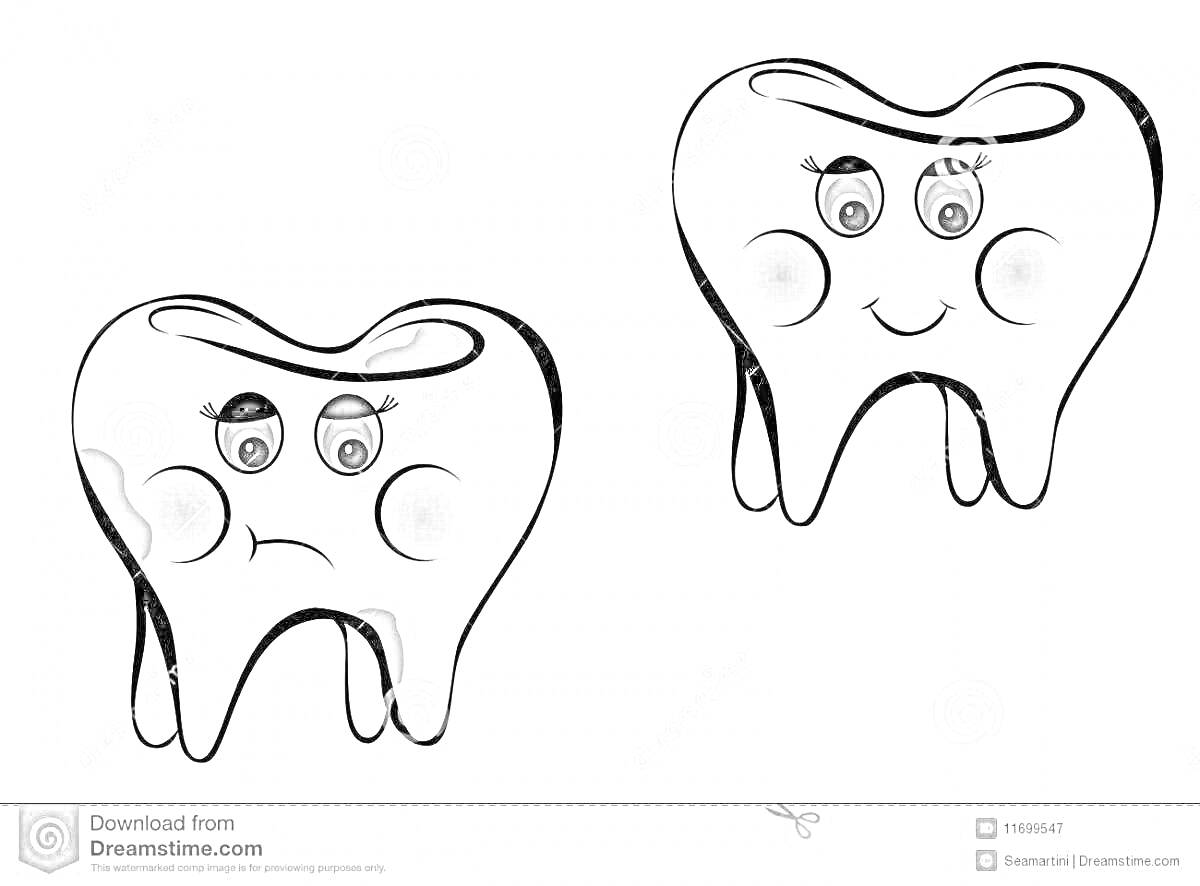 Раскраска Грустный зуб и улыбающийся зуб