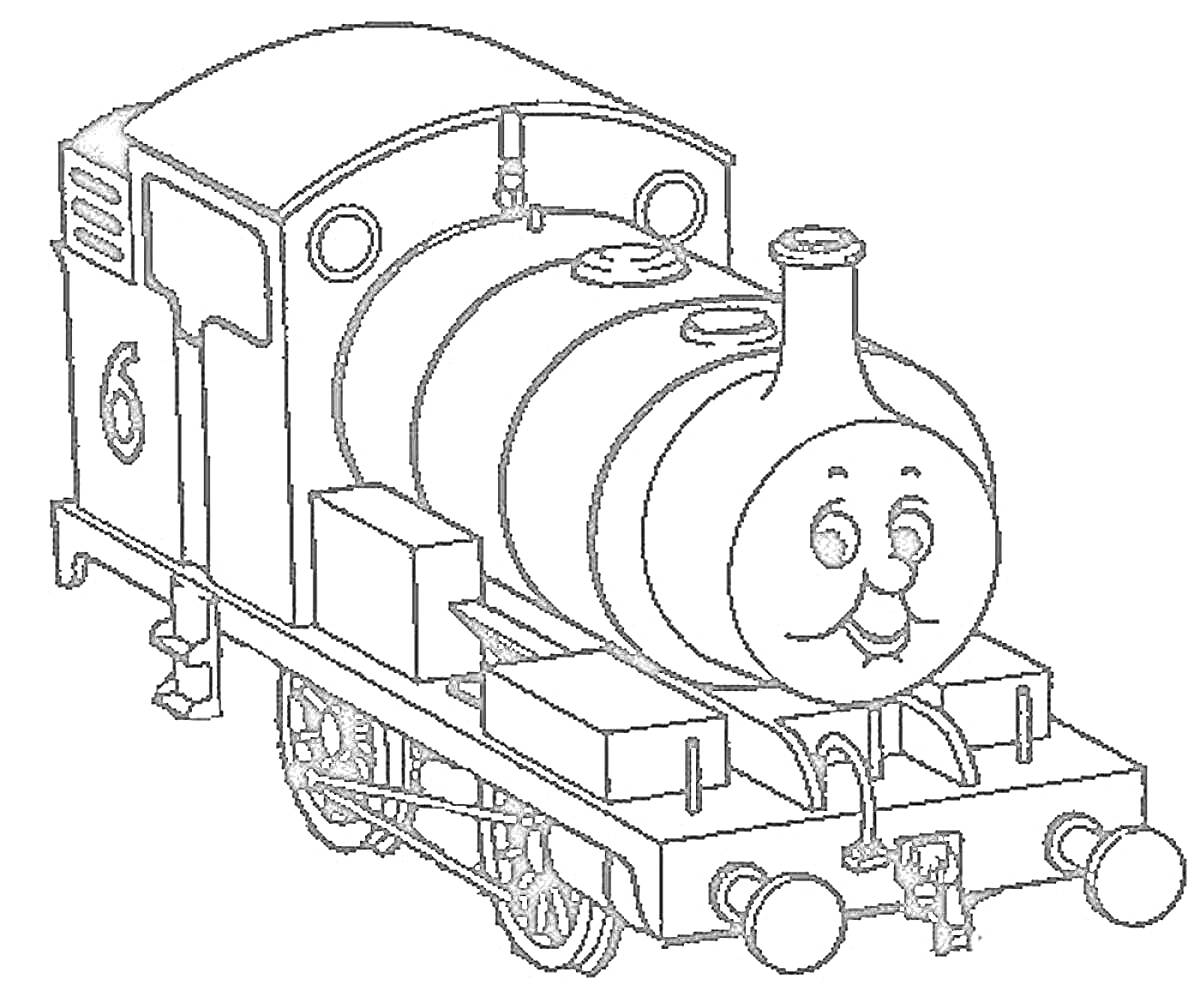 Раскраска Томас паровозик с улыбающимся лицом и деталями корпуса