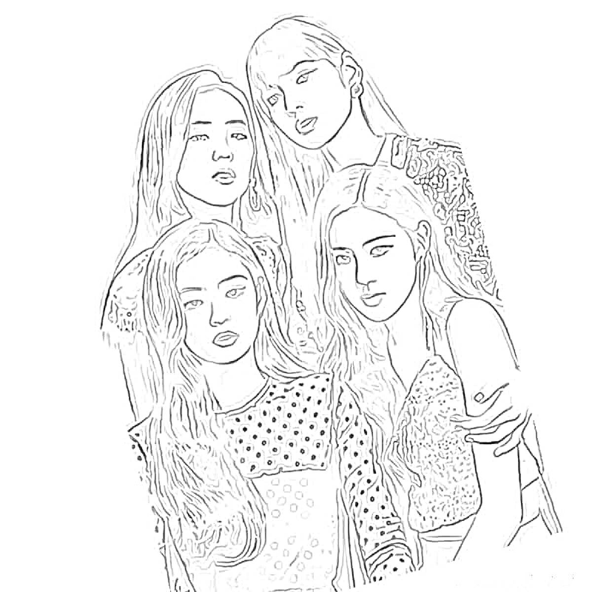Раскраска Четыре девушки из Blackpink на фоне без деталей