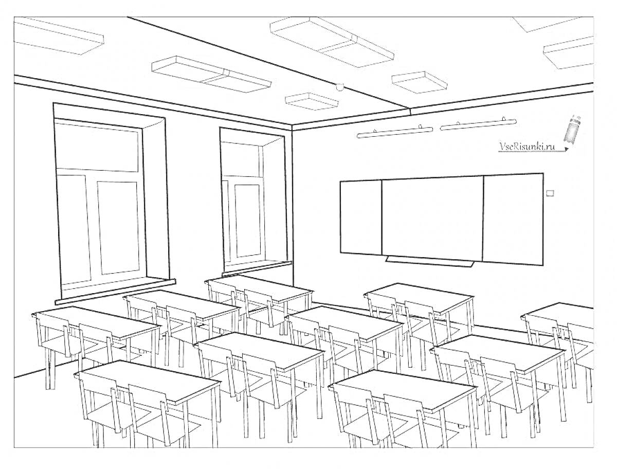 На раскраске изображено: Класс, Парты, Окна, Доска, Школа