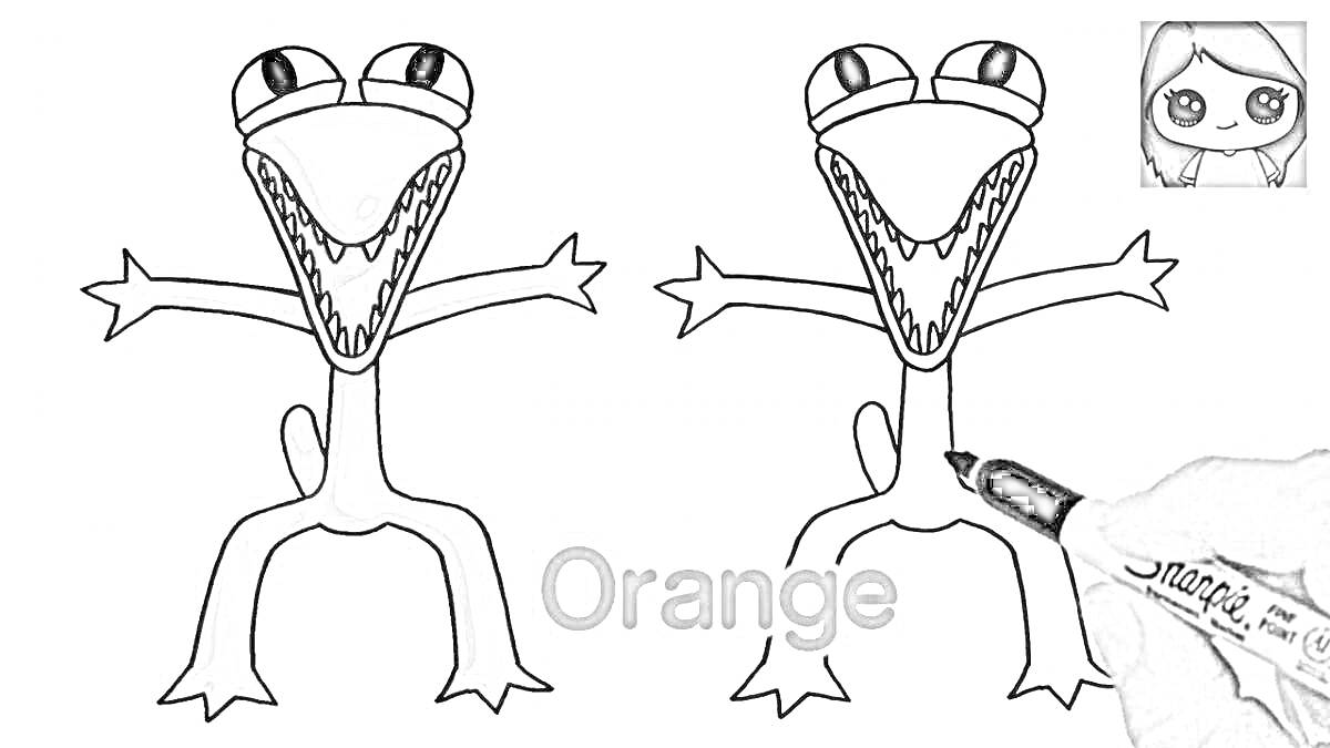 Раскраска Радужные друзья из Роблокс: раскраска с персонажем Orange и процесс рисования