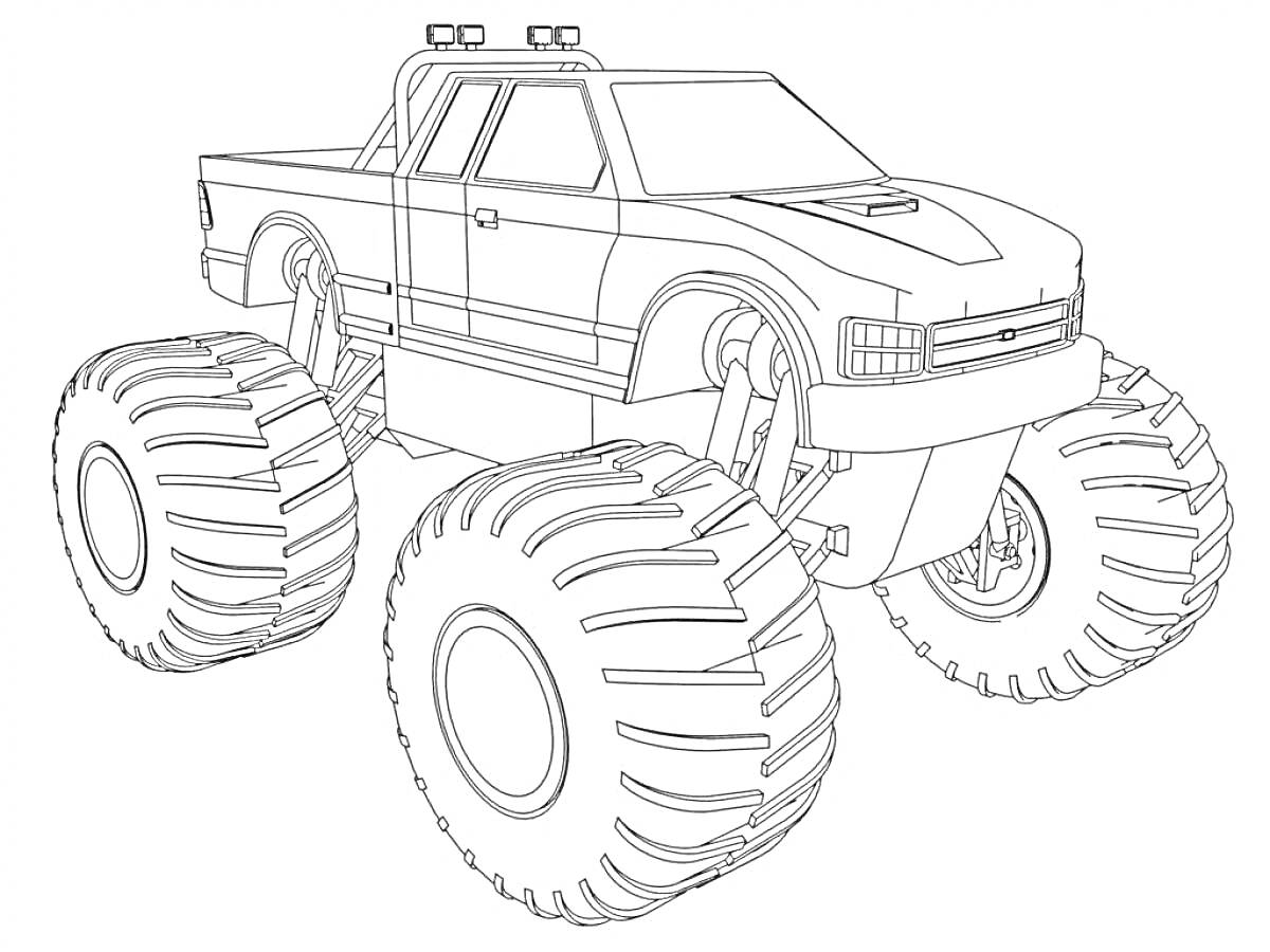 Раскраска Монстр-трак с большими колесами и приподнятым кузовом