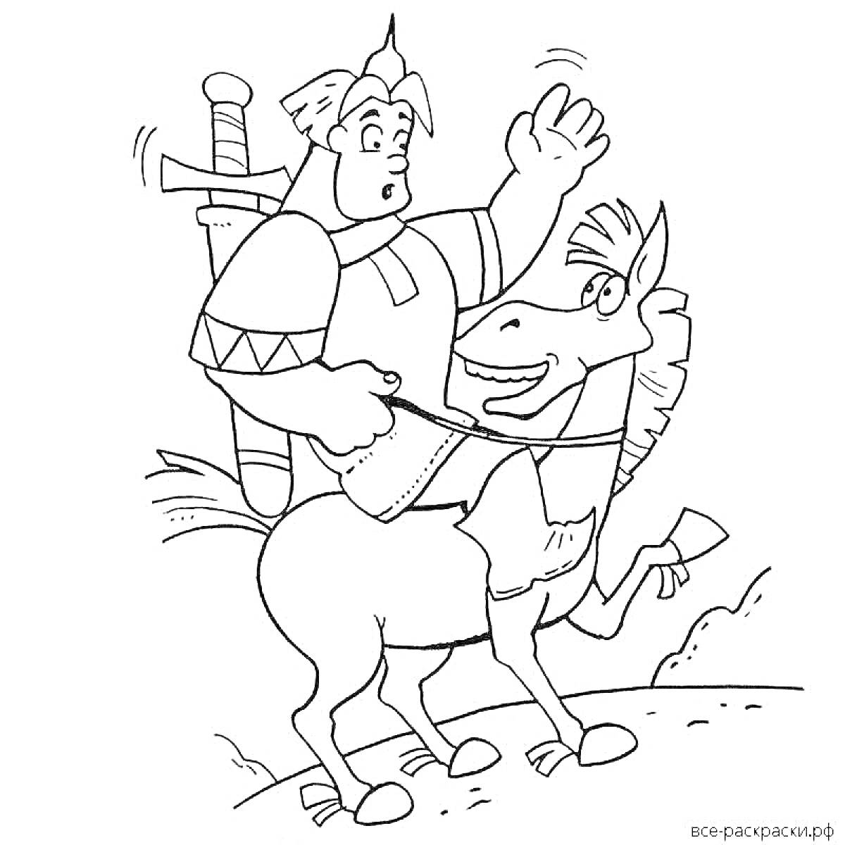Раскраска Богатырь верхом на лошади с мечом за спиной