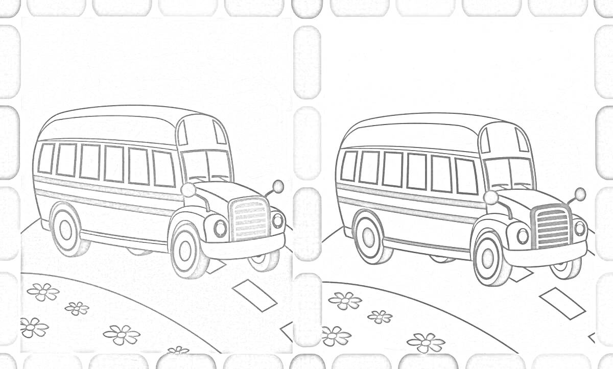 На раскраске изображено: Автобус, Цветы, Транспорт, Школьный автобус