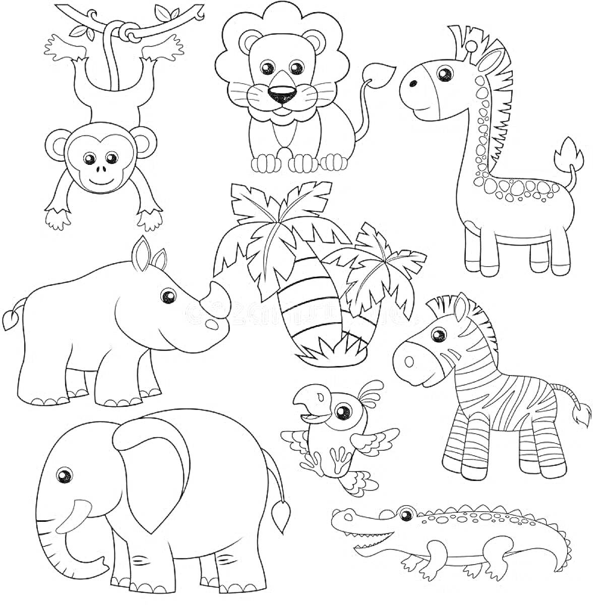 Раскраска Детская раскраска с африканскими животными – обезьяна, лев, жираф, носорог, зебра, слон, попугай, крокодил и пальмы