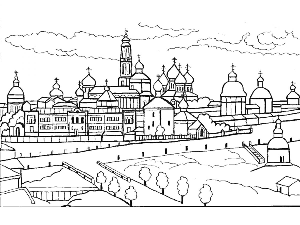 Раскраска Городской пейзаж с соборами и башнями