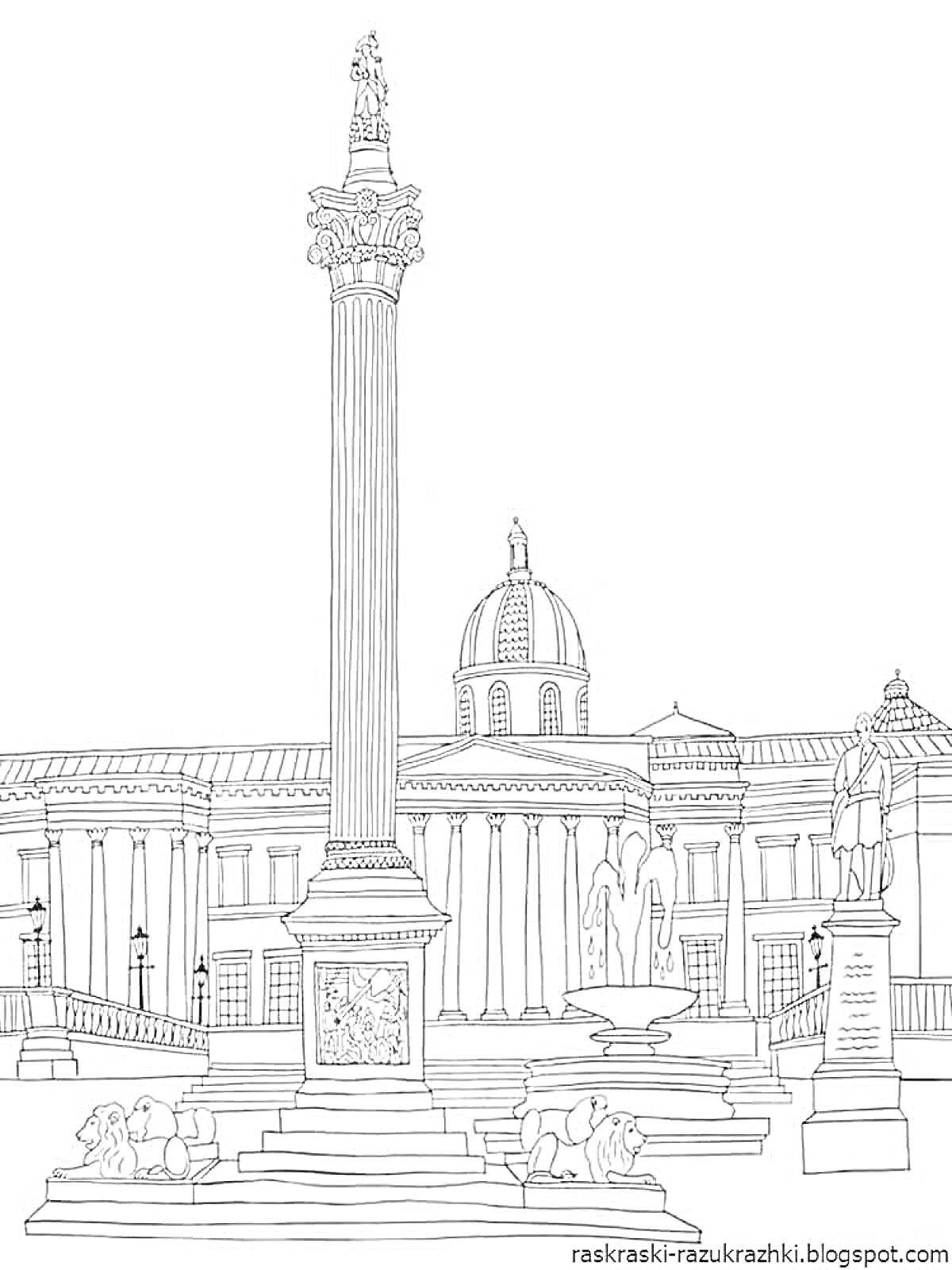 На раскраске изображено: Санкт-Петербург, Статуя, Здание с колоннами, Архитектура, Исторический памятник