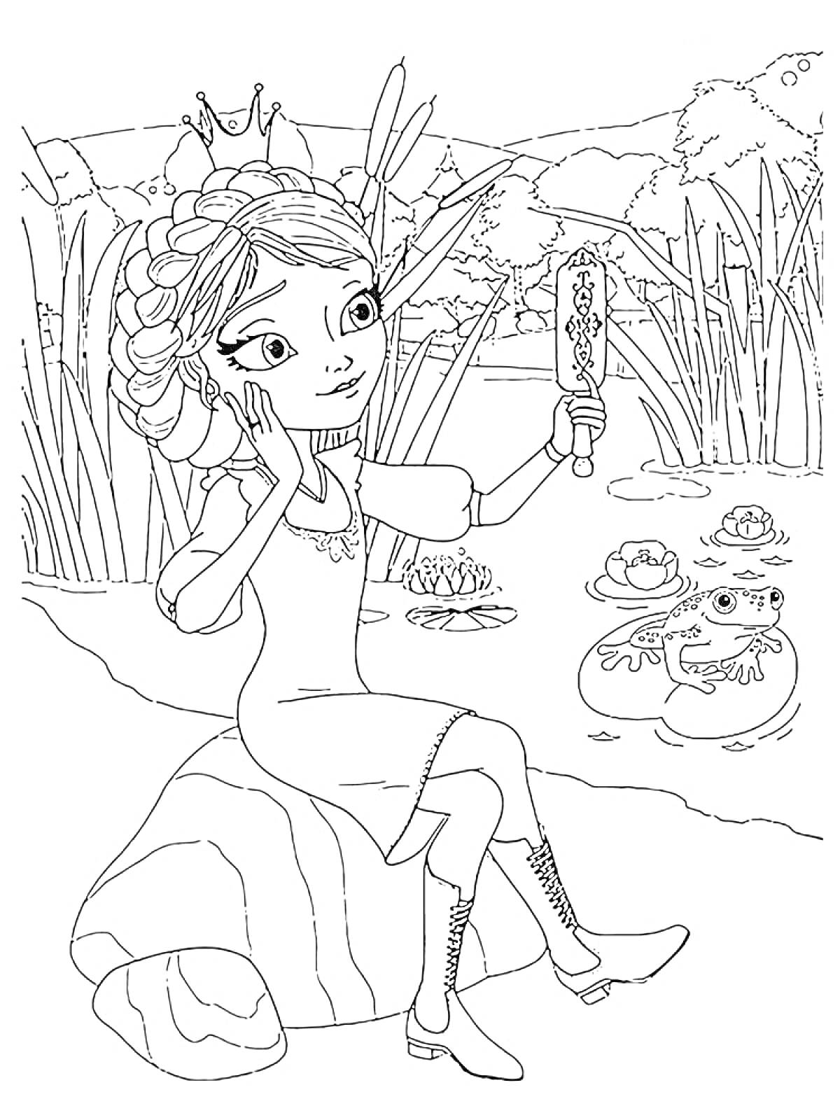 Принцесса у пруда с зеркалом, смотрящая на лягушек