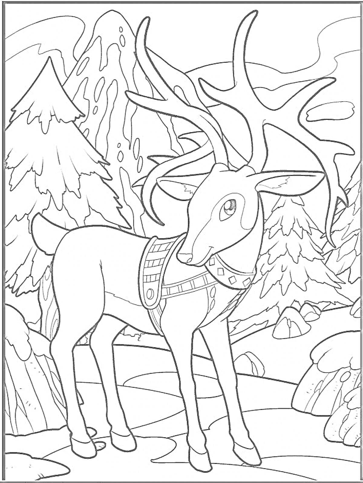 Раскраска Новогодний олень в лесу с ёлками на фоне заснеженных гор