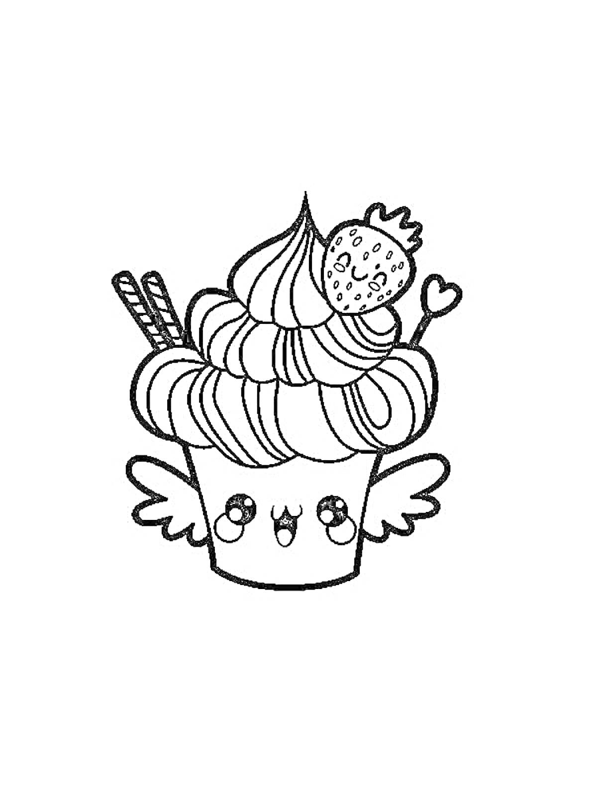 Раскраска Кавайный капкейк с крылышками, клубникой и палочками