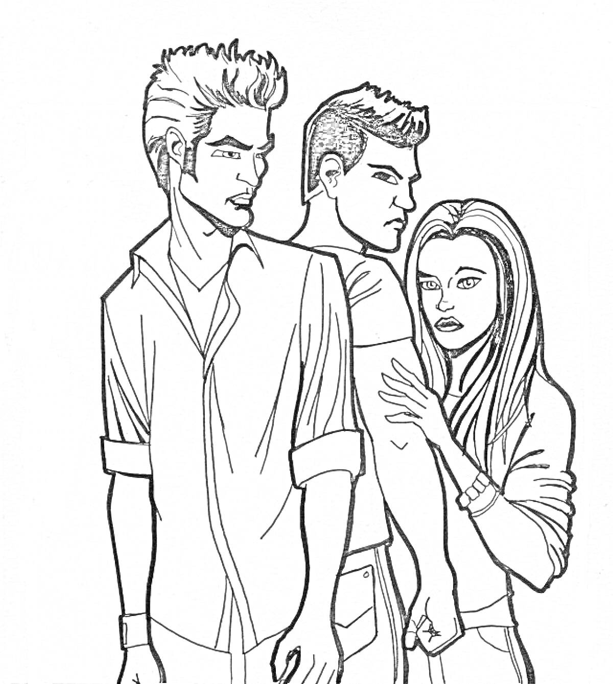 Раскраска Три персонажа стоящие рядом, девушка держит руку на плече одного из мужчин