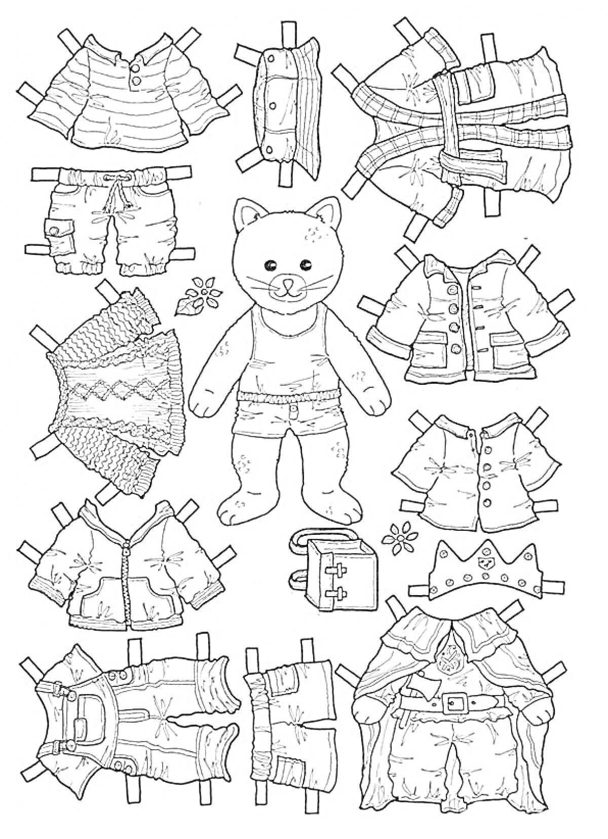 Раскраска Бумажная кукла - медведь с разнообразной одеждой (жилетка, рубашка, шорты, плащ, куртка, акссесуары)