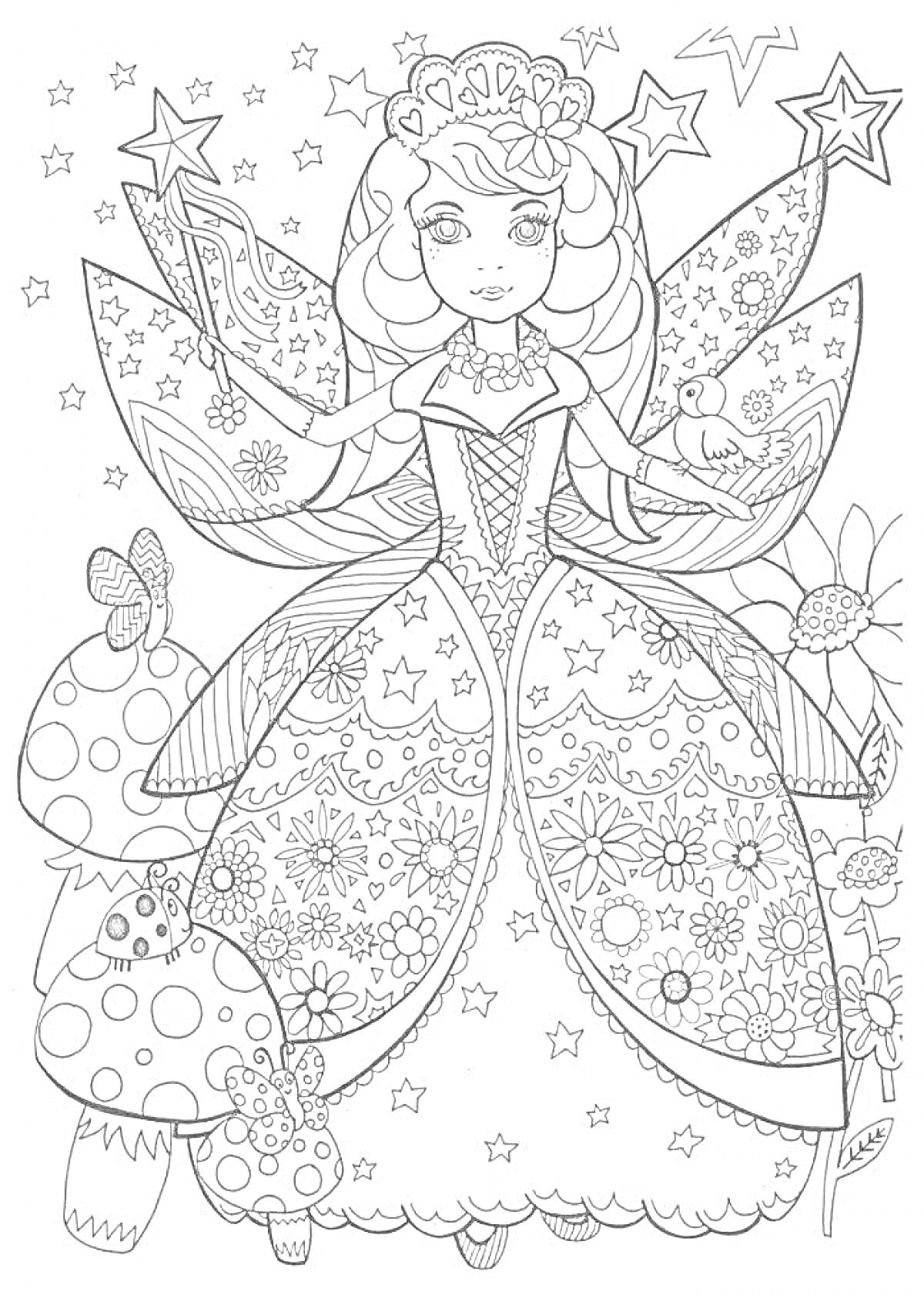 Раскраска Фея-принцесса с птицей и грибами