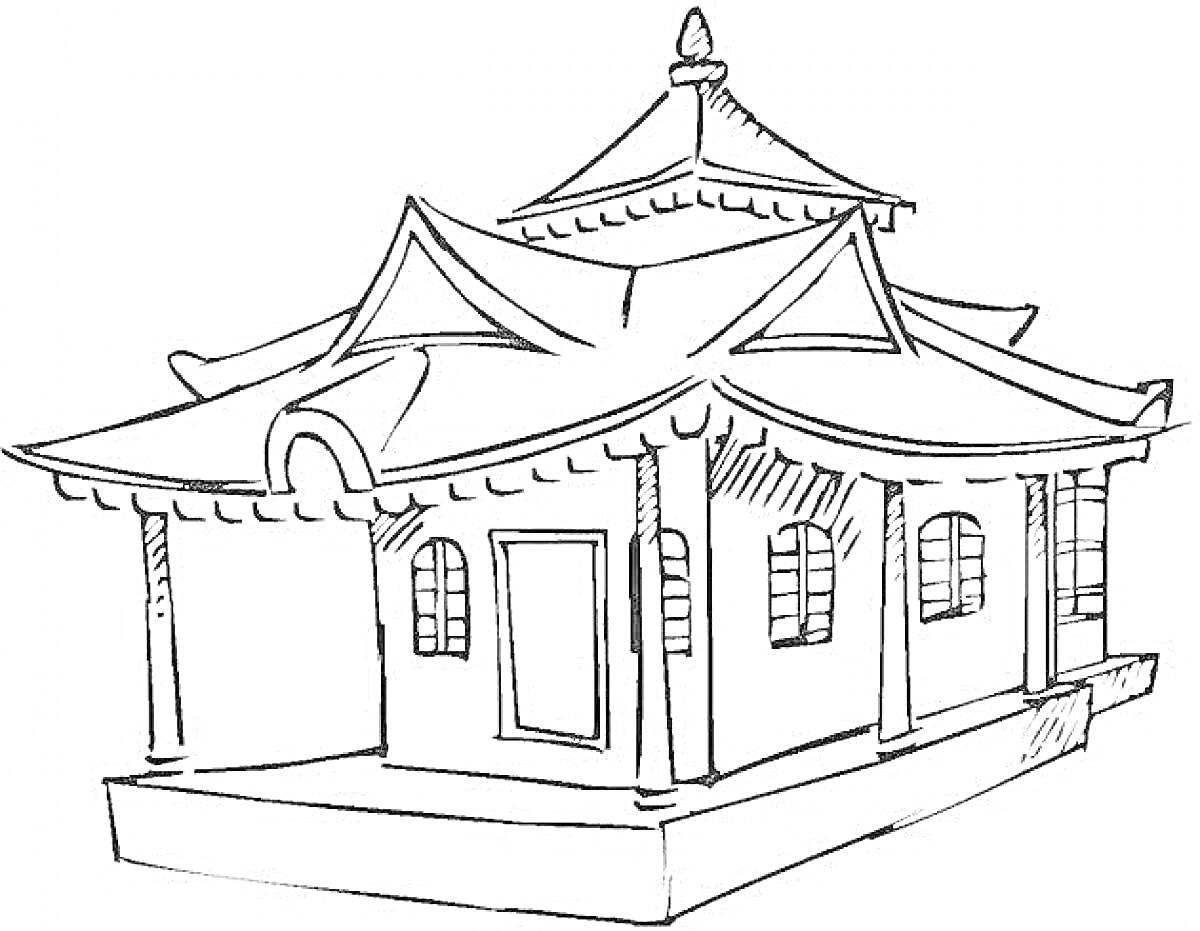 На раскраске изображено: Японский дом, Окна, Дверь, Архитектура, Япония, Традиционный стиль