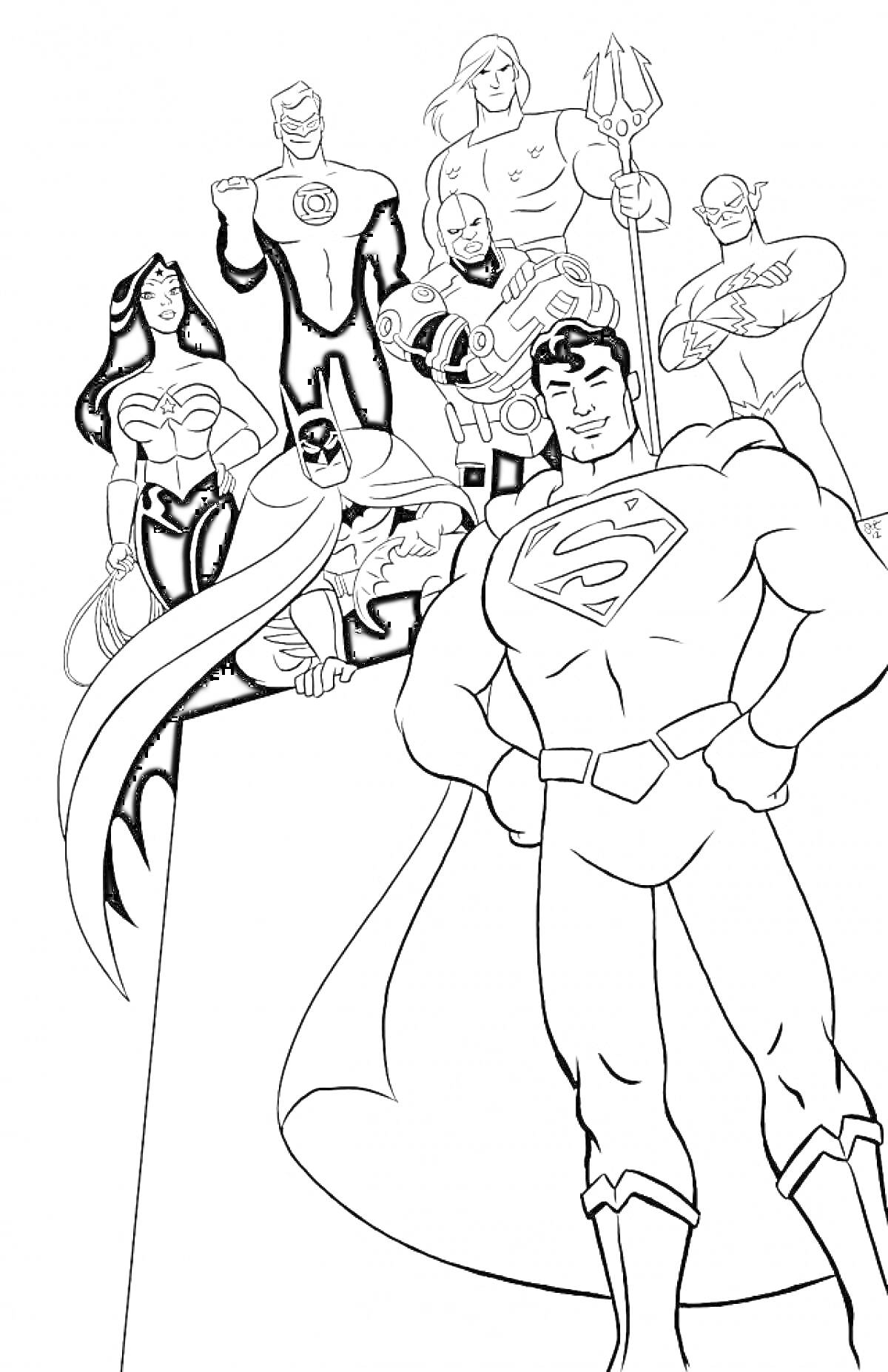 Раскраска Герои Лиги Справедливости в полный рост, 7 персонажей, включая супергероев с плащами, женщину с лентой, мужчину с трезубцем.