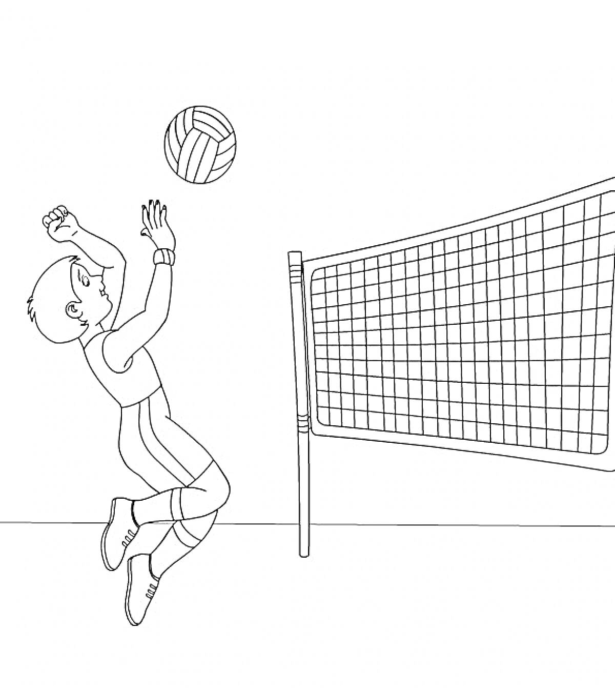 На раскраске изображено: Волейбол, Ребёнок, Сетка, Спорт, Игра, Мальчик, Мячи, Прыжки